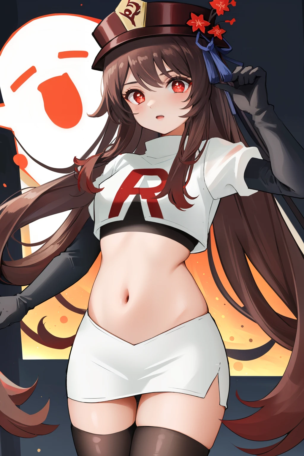 masterpiece, best quality,
1girl, hu tao (genshin impact), boo tao,hat, red eyes, twintails, brown hair, solo, symbol-shaped pupils, long hair,bangs, team rocket,team rocket uniform, red letter R, white skirt,white crop top,black thigh-highs,black elbow gloves