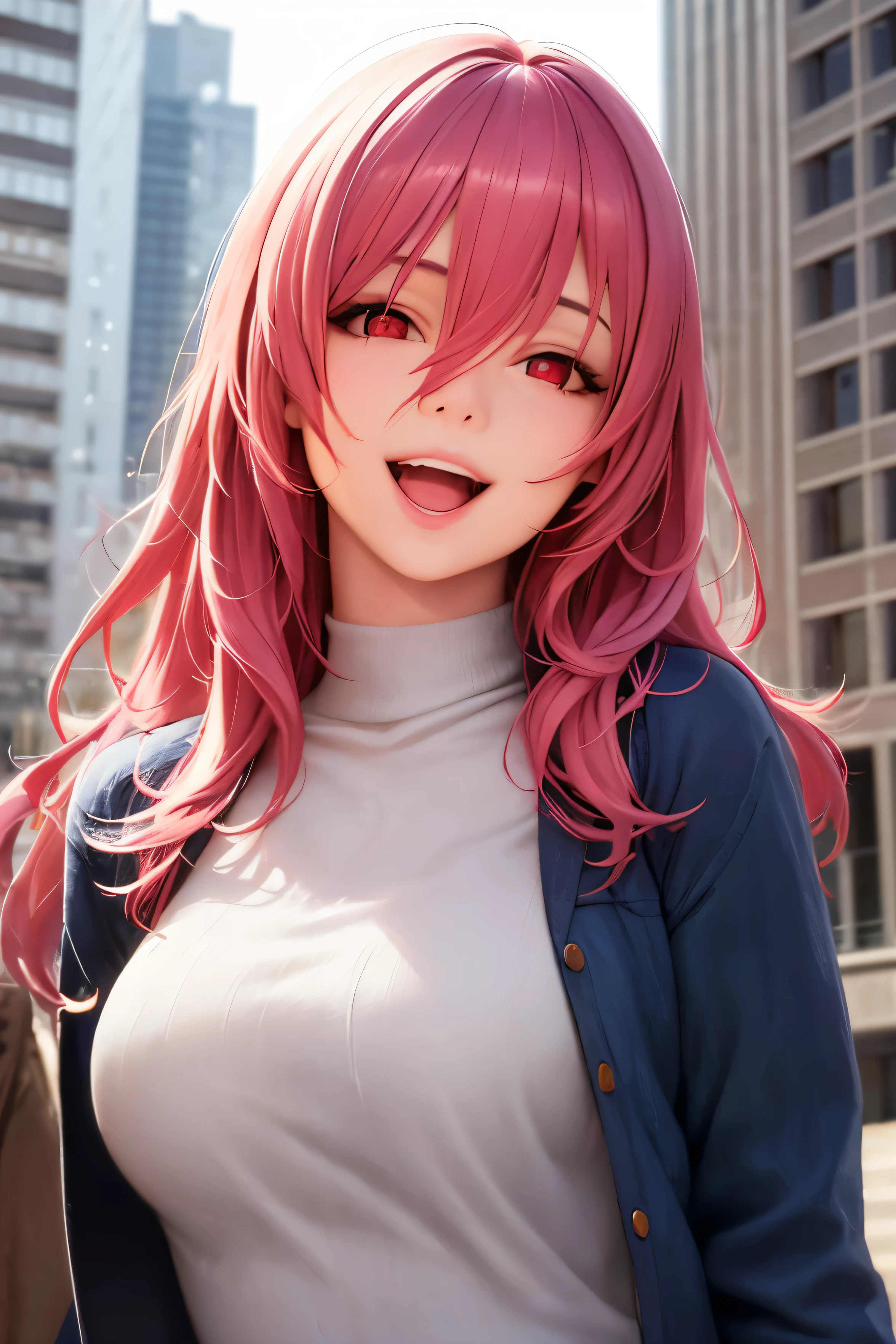 1girl, ((best quality)), ((masterpiece)), ((realistic)), (detailed), (perfect face), beautiful women, pure happy, smile, open mouth, pink hair, long hair, hair between eyes, red eyes, jaket, attractive, building background