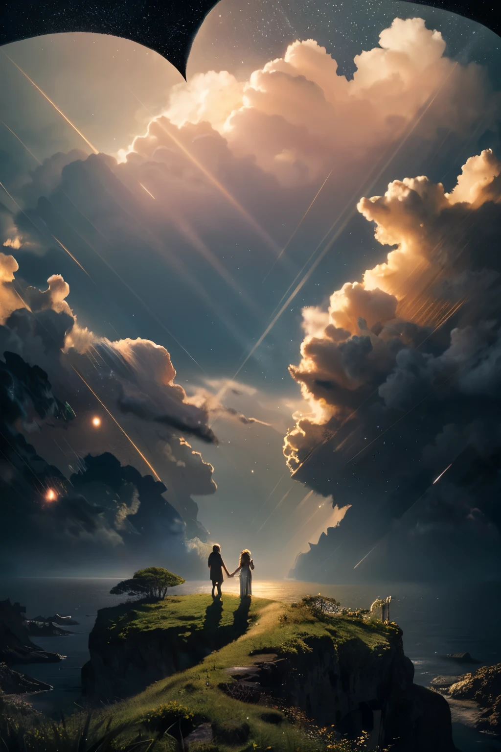 ((masterpiece)) beautiful sky, Large clouds ((intricate details)), ((shining starry night )), Waterfall falling from the island,very detailed, soft shadow, fantasy looking masterpiece ((figure)),break. (Light cinematic ), professional color grading, 4K ,HD
Rear silhouette looking down from the sky