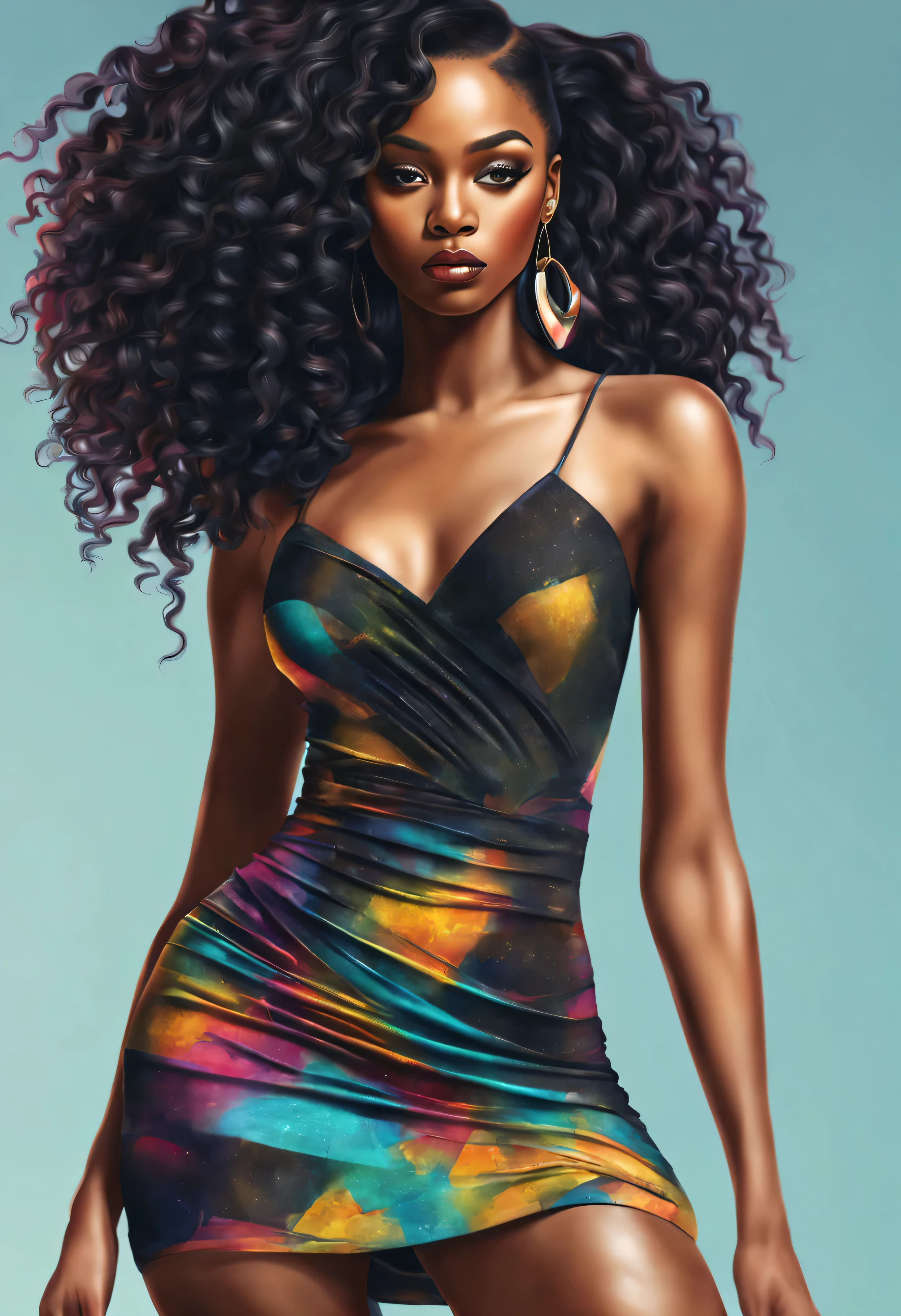 digital illustration, mid wide shot, 2000s beautiful black woman, 2000 makeup style, ultra-high resolution, high-quality details, empty background, highly detailed, colorful dropped waist minidress