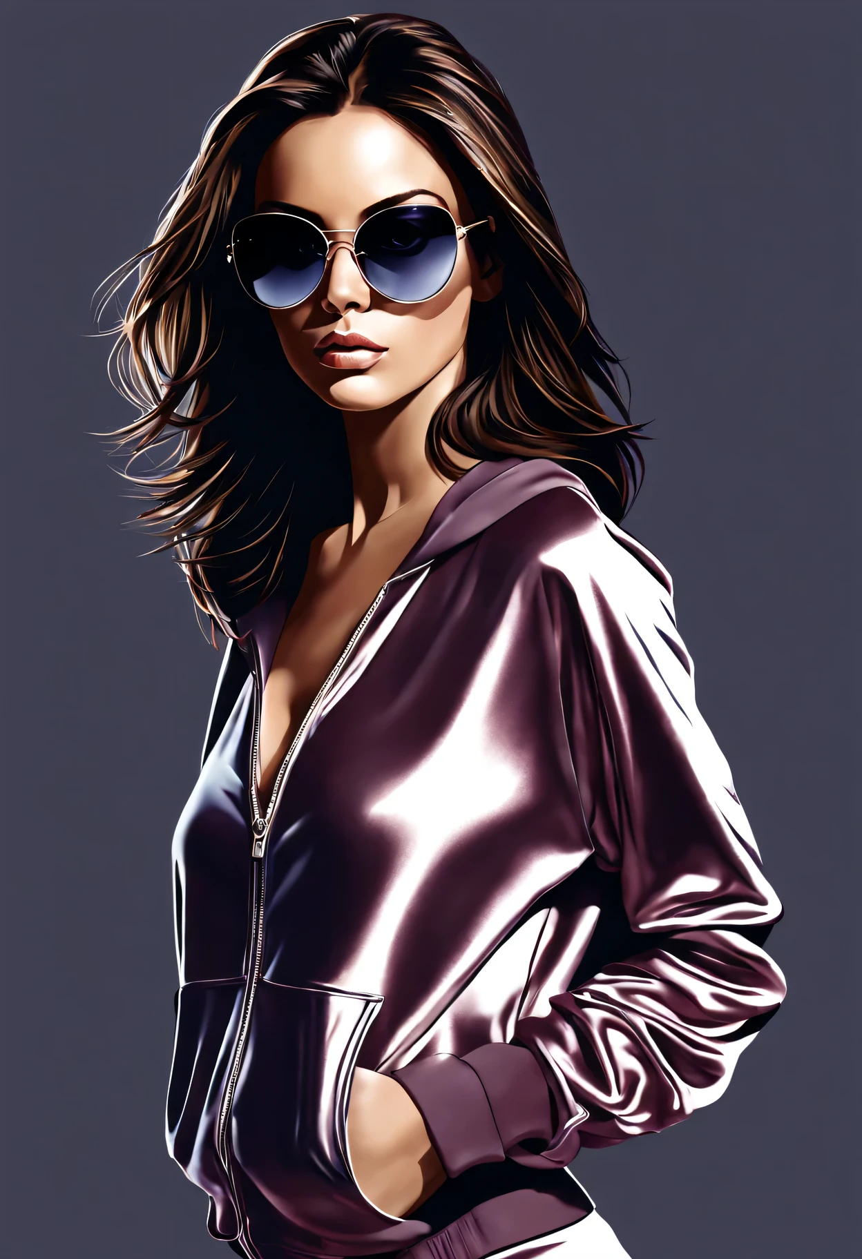 digital illustration, mid wide shot, 2000s beautiful brunette woman, tinted sunglasses, 2003 makeup style, ultra-high resolution, high-quality details, empty background, velour tracksuit,