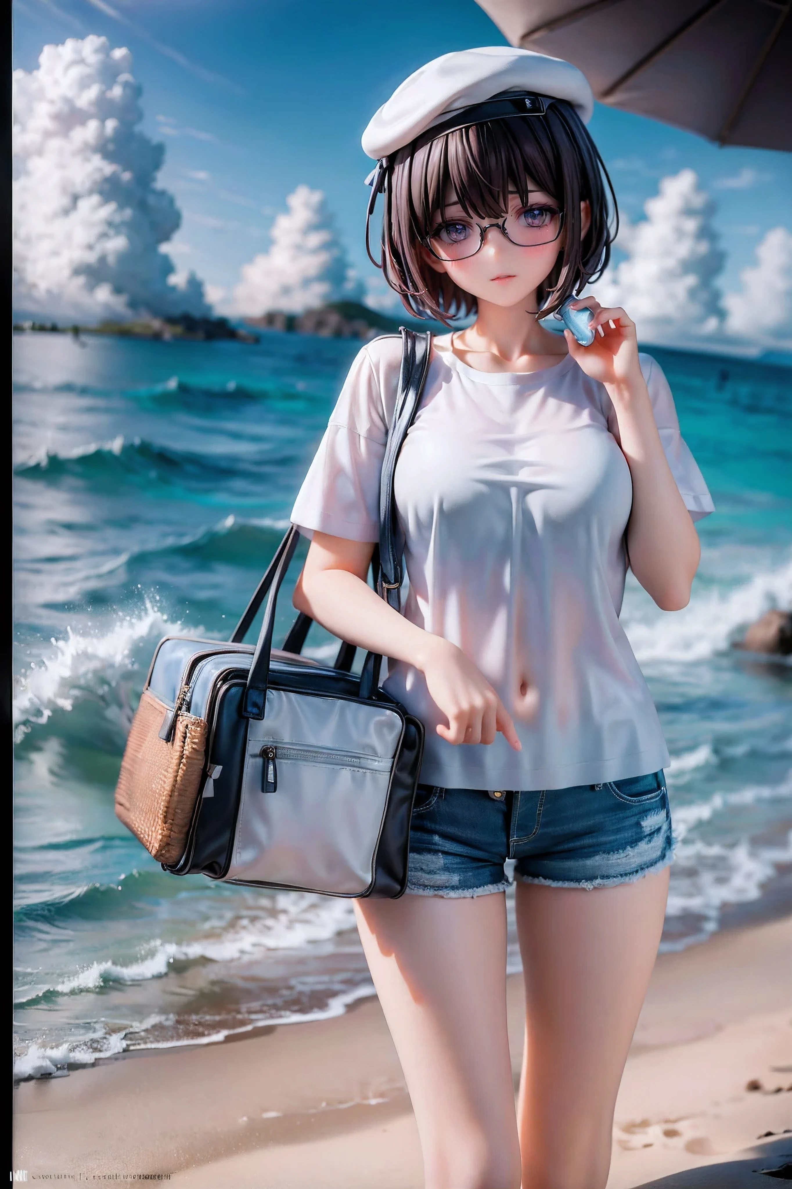 masterpiece, best quality, 1girl, beach, sitting on a beach towel, short hair, glasses, t-shirt, shorts, cap, blush, summer, soda can, bag