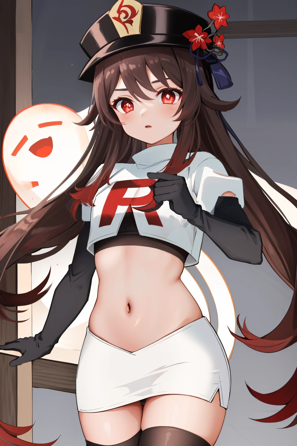 masterpiece, best quality,
1girl, hu tao (genshin impact), boo tao,hat, red eyes, twintails, brown hair, solo, symbol-shaped pupils, long hair,bangs, team rocket,team rocket uniform, red letter R, white skirt,white crop top,black thigh-highs,black elbow gloves