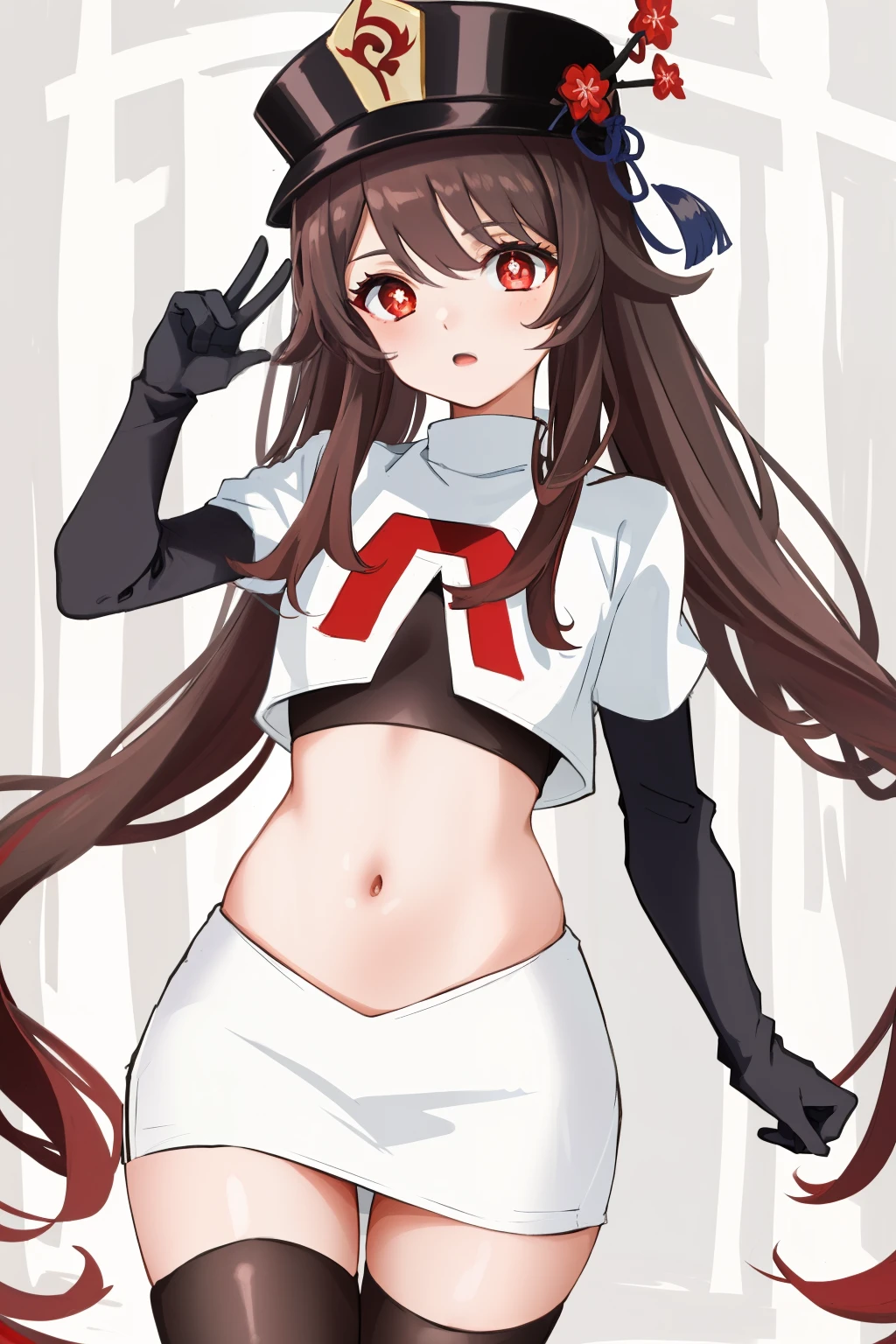 masterpiece, best quality,
1girl, hu tao (genshin impact), boo tao,hat, red eyes, twintails, brown hair, solo, symbol-shaped pupils, long hair,bangs, team rocket,team rocket uniform, red letter R, white skirt,white crop top,black thigh-highs,black elbow gloves