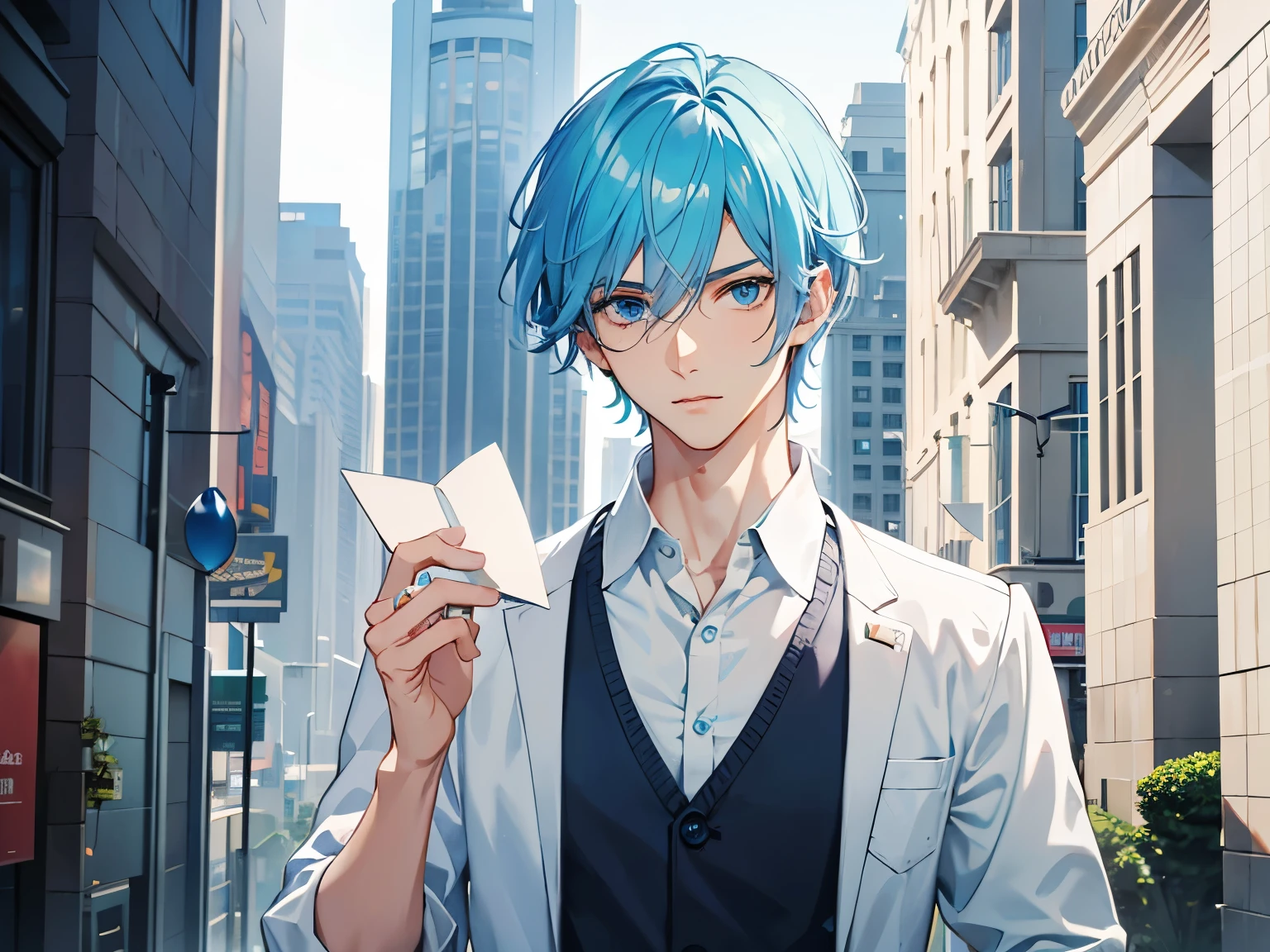 Male, Tall, Light Blue hair, aqua blue eyes, Handsome, Holding papers, Smart looking, Wearing a simple shirt, Detailed Face, Different Unique Hairstyles, Medium hair