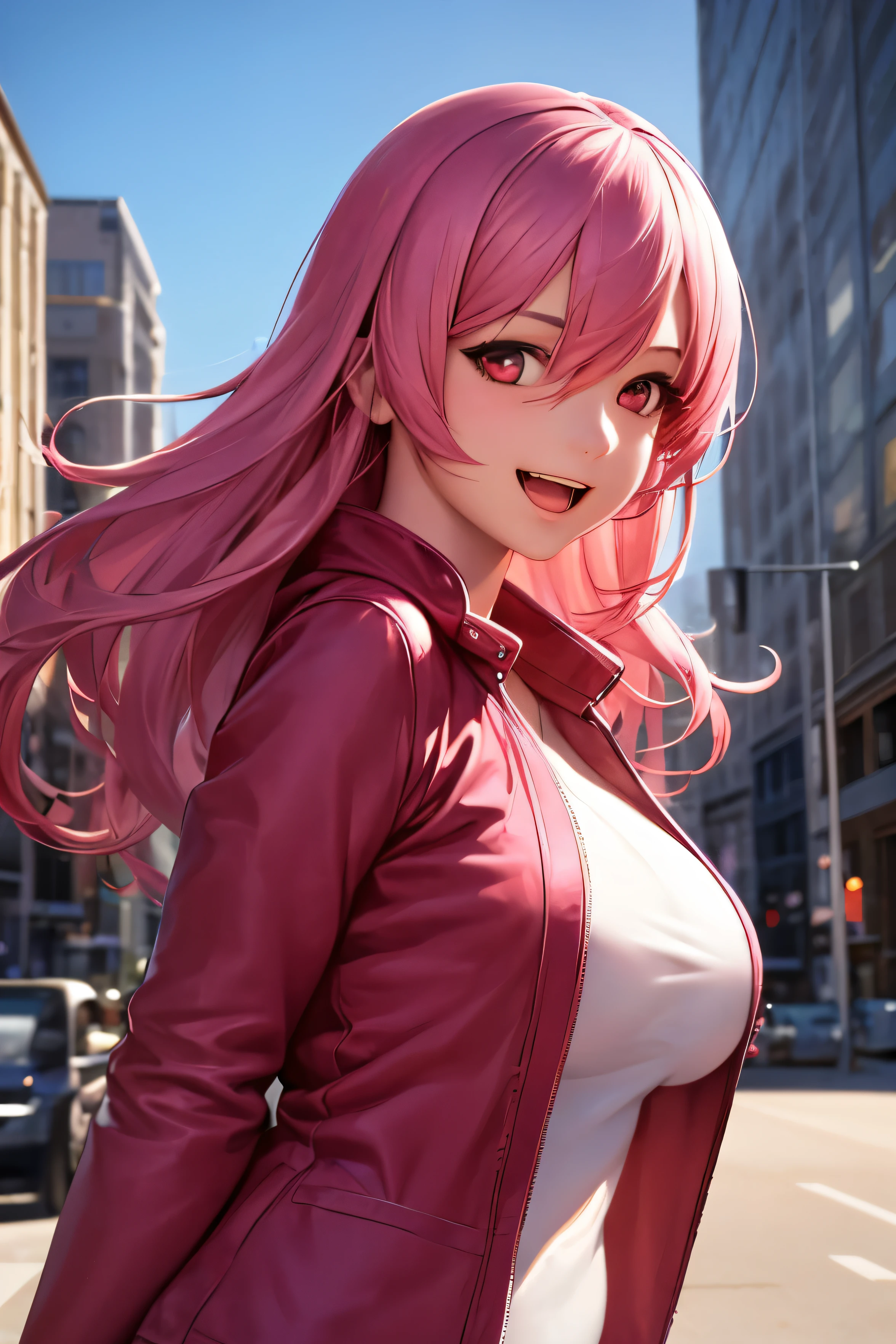 1girl, ((best quality)), ((masterpiece)), ((realistic)), (detailed), (perfect face), beautiful women, smale breast, pure happy, smile, open mouth, pink hair, long hair, hair between eyes, red eyes, nevy blue jaket, attractive, building background