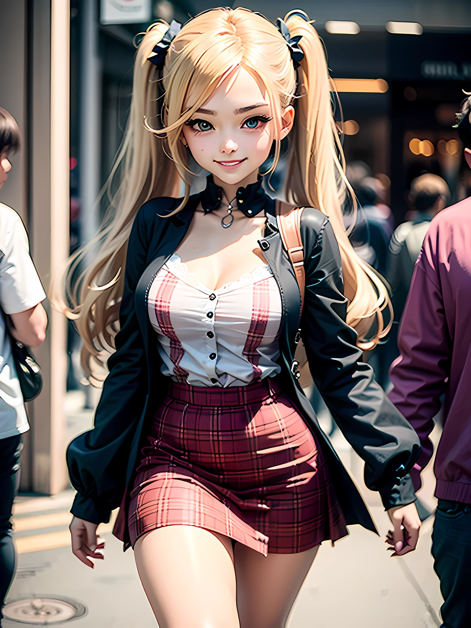Extremely detailed, ridiculous, ultra high definition, Super detailed, best quality,
1 girl, alone, beautiful hands, perfect hands,
BREAK slender,Gothic dresses,Nylon clothes,denim dress,saddle jacket,Red plaid pleated skirtBREAK
(giggle, evil smile:1.2), Keep your mouth shut, (:3:1.3), V-shaped eyebrows, StandBREAK slim, kawaii, Perfectly symmetrical face shape, Super cute girl, Super cute face, Super detailed的眼睛, super fine hair, Super cute, Super beautiful,
Rest in Harajuku, Shibuya, Tokyo, street, crowd, city View,
BREAK medium big breasts,
blonde hair, blue eyes, Double tail