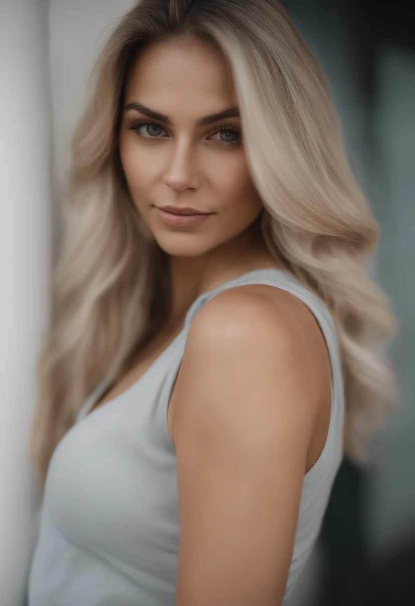 Blonde woman with matching tank top and bikini bottoms posing on a beach, fille sexy aux yeux bleus, Portrait de Sophie Mudd, blurred background, best quality, 1fille, Portrait de Corinna Kopf, cheveux blonds et grands yeux, selfie d'une jeune femme, ohne Maquillage, maquillage naturel, Look directly into the camera, Visage avec Artgram, maquillage subtil, Superbe photo du corps entier, dans la chambre, gros seins, blond, latine