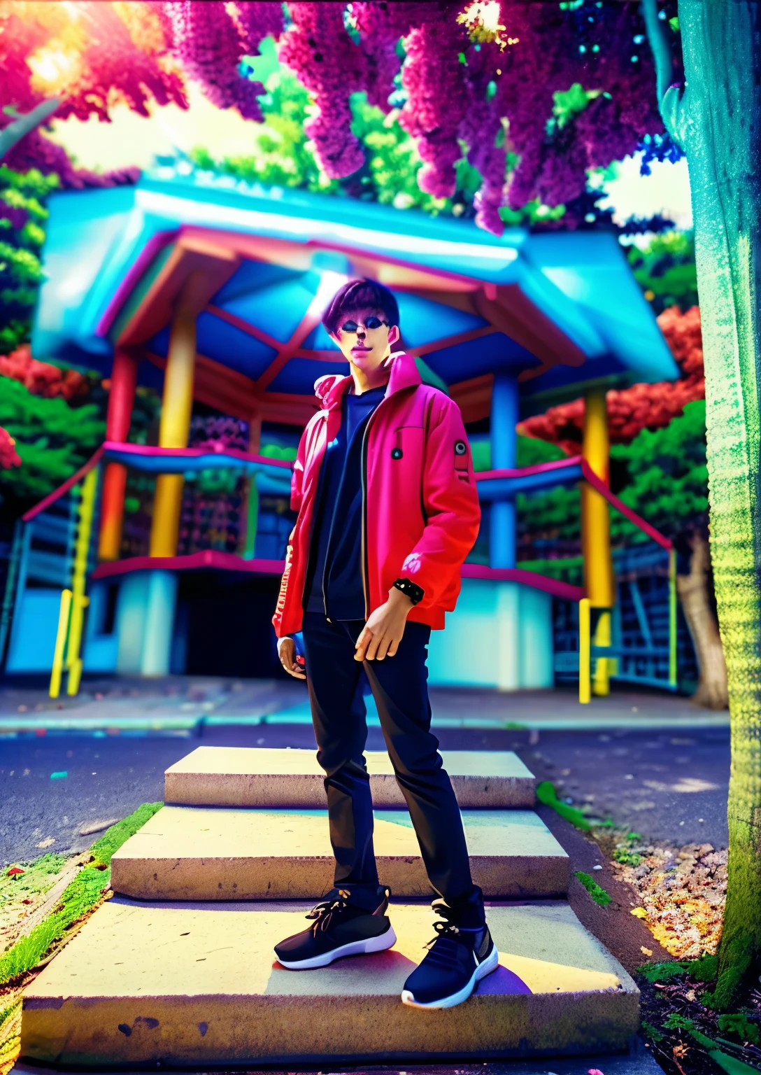 a man, technicolor, a pastel, rayonism with futuristic anime background and beautiful realistic face with this sunglass with stairt haircut