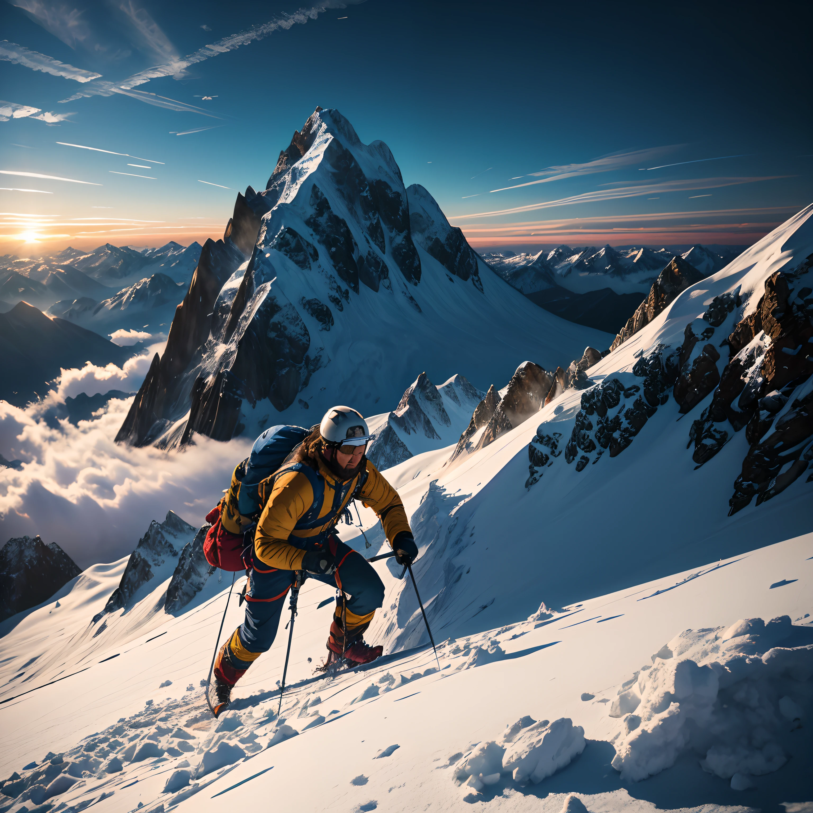 Alpinista chega ao cume, fechar-se,epic,montanhismo fenomenal,desafio extremo,aventura,pintura ultrafina,cores vivas, HDR, profissional,studio lighting,Physically based rendering,National Geographic,fotorrealista,4k,ultra-detalhado,obra de arte,cinematic lights