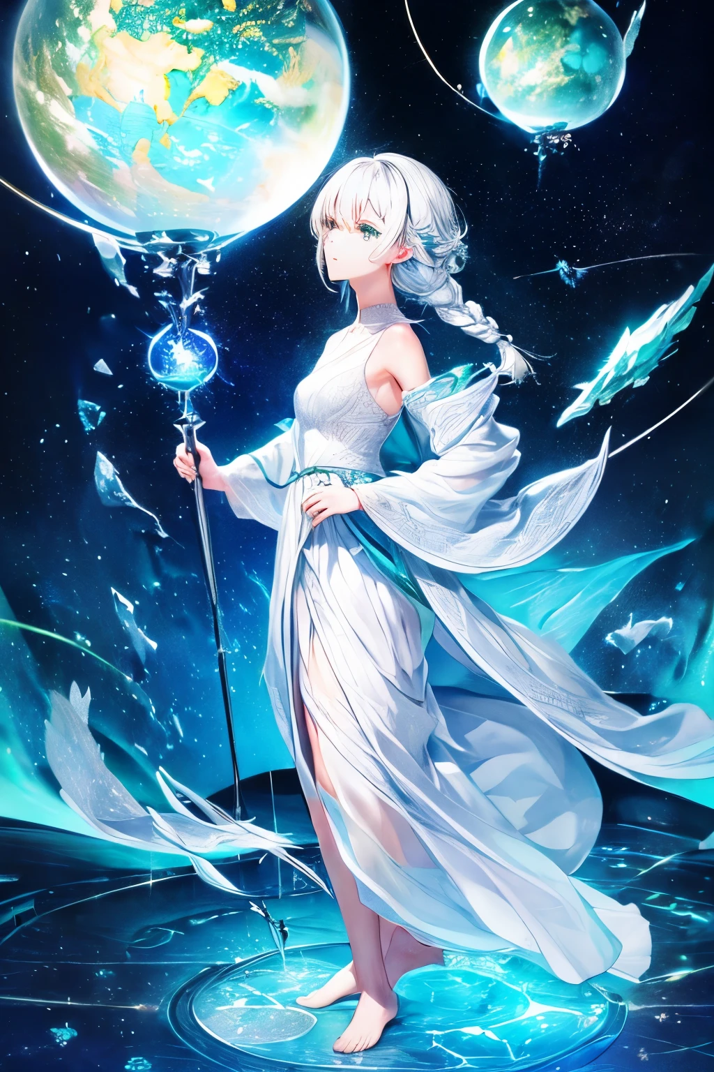  (((green, silver, glimmer)), limited palette, contrast, phenomenal aesthetic, best quality, sumptuous artwork, (masterpiece), (best quality), (ultra-detailed),(((illustration))), ((an extremely delicate and beautiful)),(detailed light),1girl,cold theme, broken glass, broken wall,((an array of stars)),((starry sky)),the Milky Way,star,Reflecting the starry water surface,(1girl:1.3)aqua theme,white hair,blinking,white dress,closed mouth,constel lation,flat color,noline art,full Glass sphere,girl inside glass sphere,white hair,braid,blinking,white robe,bust \(sculpture\),barefoot,float,closed mouth,constel lation,flat color,holding,holding wand,looking up,standing,male focus,medium hair,standing,solo,space,universe,utaite(singer),Nebula,many stars,,
