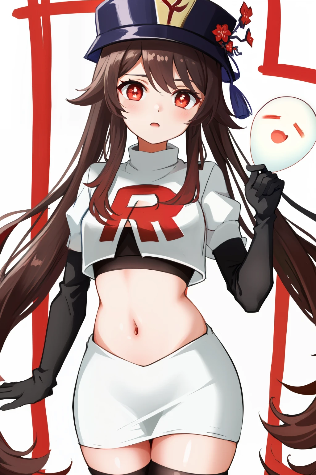 masterpiece, best quality,
1girl, hu tao (genshin impact), boo tao,hat, red eyes, twintails, brown hair, solo, symbol-shaped pupils, long hair,bangs, team rocket,team rocket uniform, red letter R, white skirt,white crop top,black thigh-highs,black elbow gloves