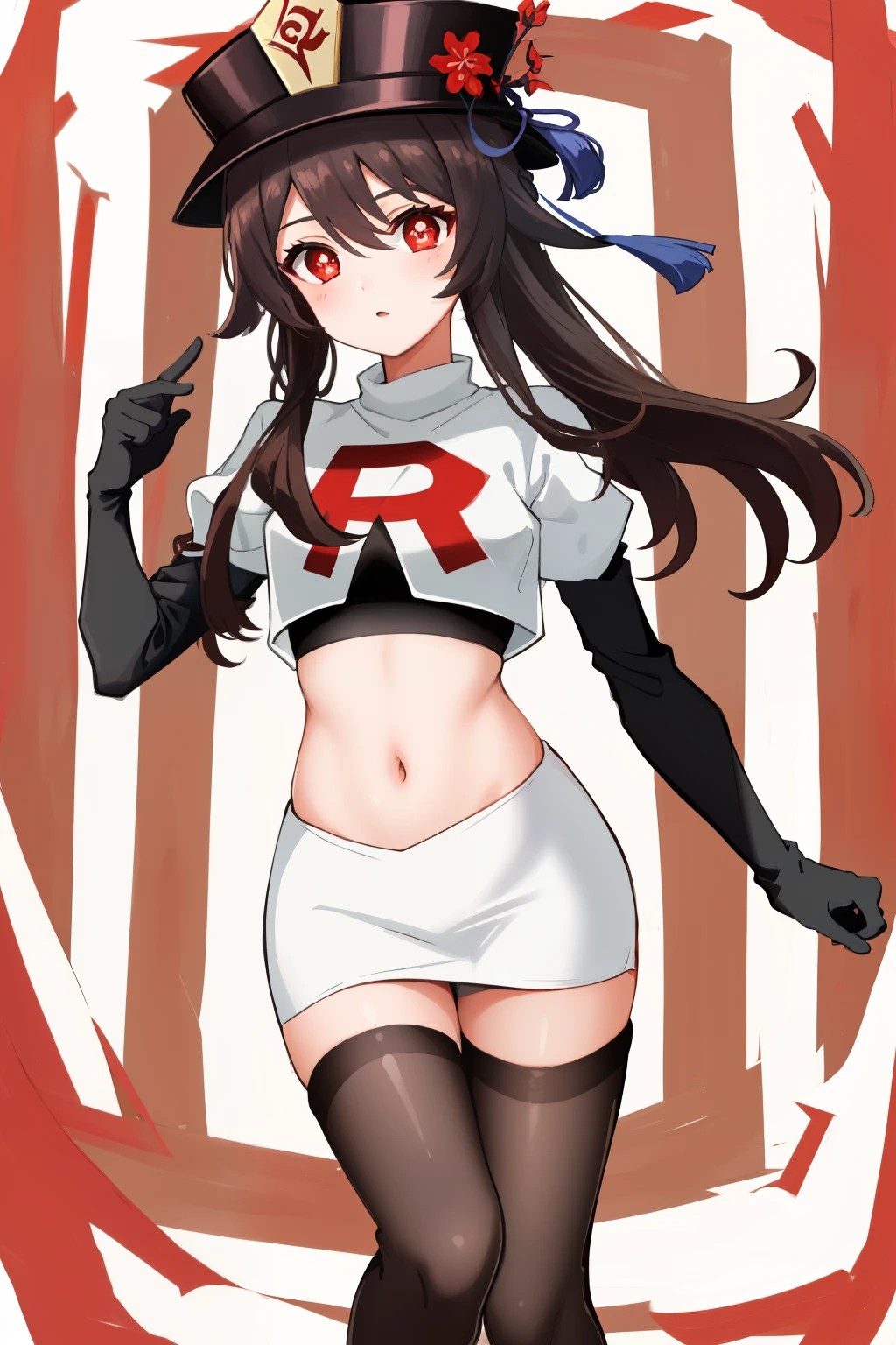 masterpiece, best quality,
1girl, hu tao (genshin impact), boo tao,hat, red eyes, twintails, brown hair, solo, symbol-shaped pupils, long hair,bangs, team rocket,team rocket uniform, red letter R, white skirt,white crop top,black thigh-highs,black elbow gloves