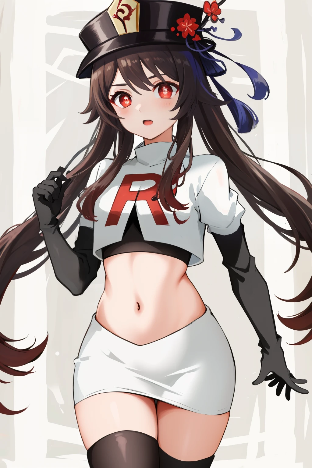 masterpiece, best quality,
1girl, hu tao (genshin impact), boo tao,hat, red eyes, twintails, brown hair, solo, symbol-shaped pupils, long hair,bangs, team rocket,team rocket uniform, red letter R, white skirt,white crop top,black thigh-highs,black elbow gloves