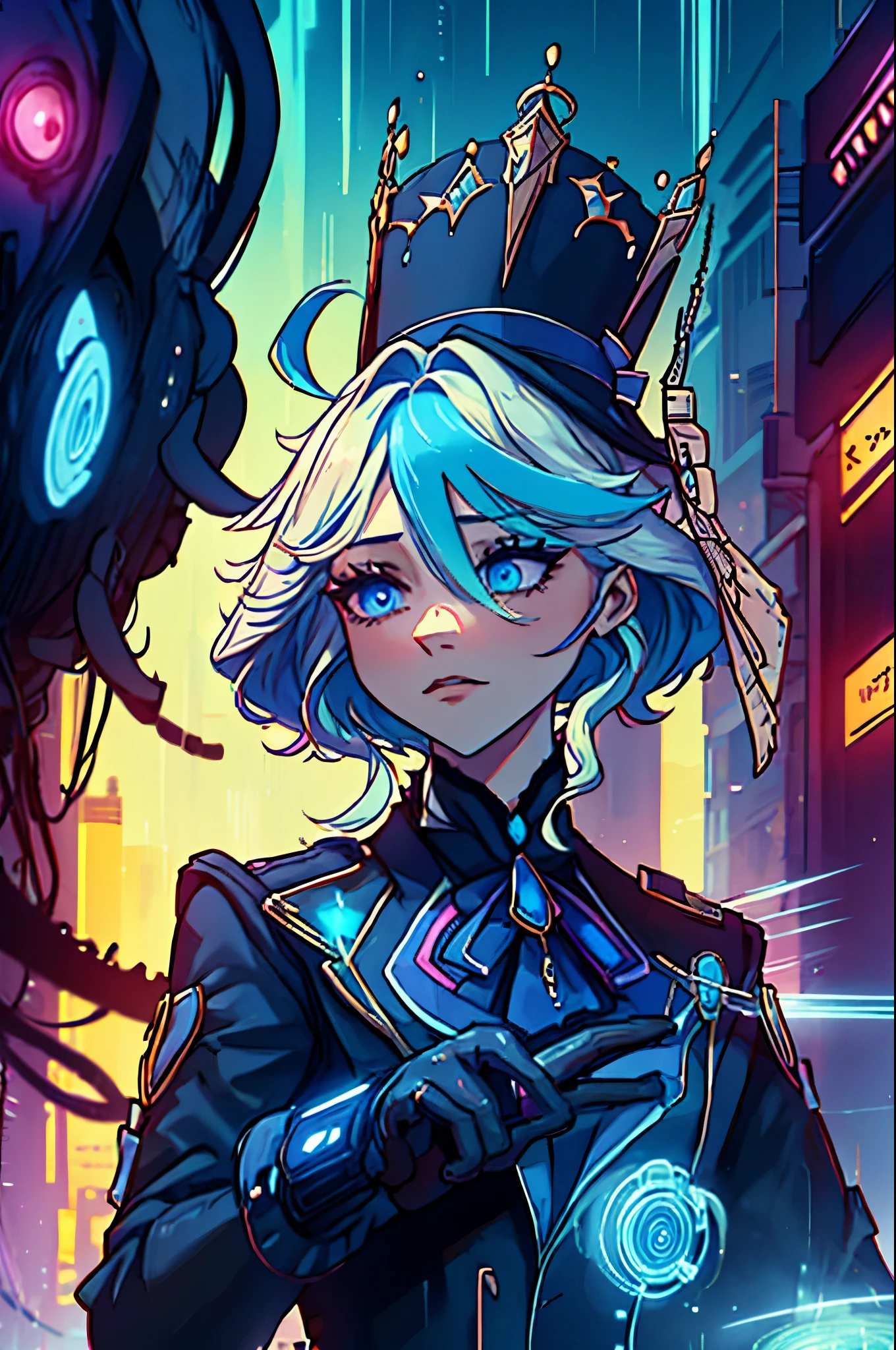 Portrait, portrait style, Furina Focalors, cute and sexy girl, blue short sleeve jacket, cyberpunk, cyberpunk style, Hologram, hologram interface, cyber interface, augmentations, cyberpunk augmentations, streat, night city, rain, heavy rain. No hands