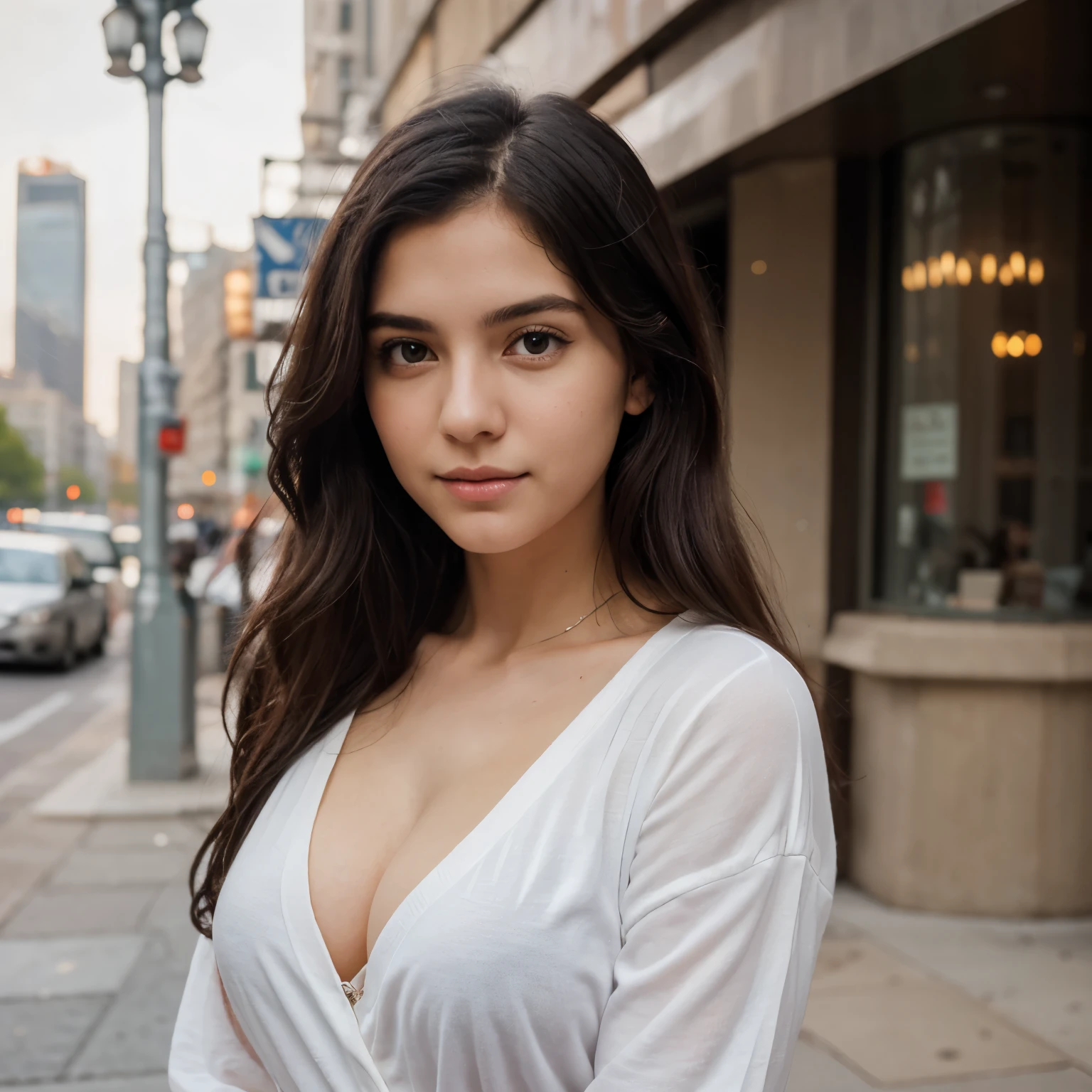 photography of 1 stunning 23 year old girl , wearing pink layered dress , brunette hair ,in France with Eiffel tower , portrait picture, smiling, looking into camera , spectacular lighting, gorgeous, (deep cleavage), photoshoot, western, (masterpiece), best quality, high resolution, extremely detailed background, skin with pores, , cinematic lighting Completed
