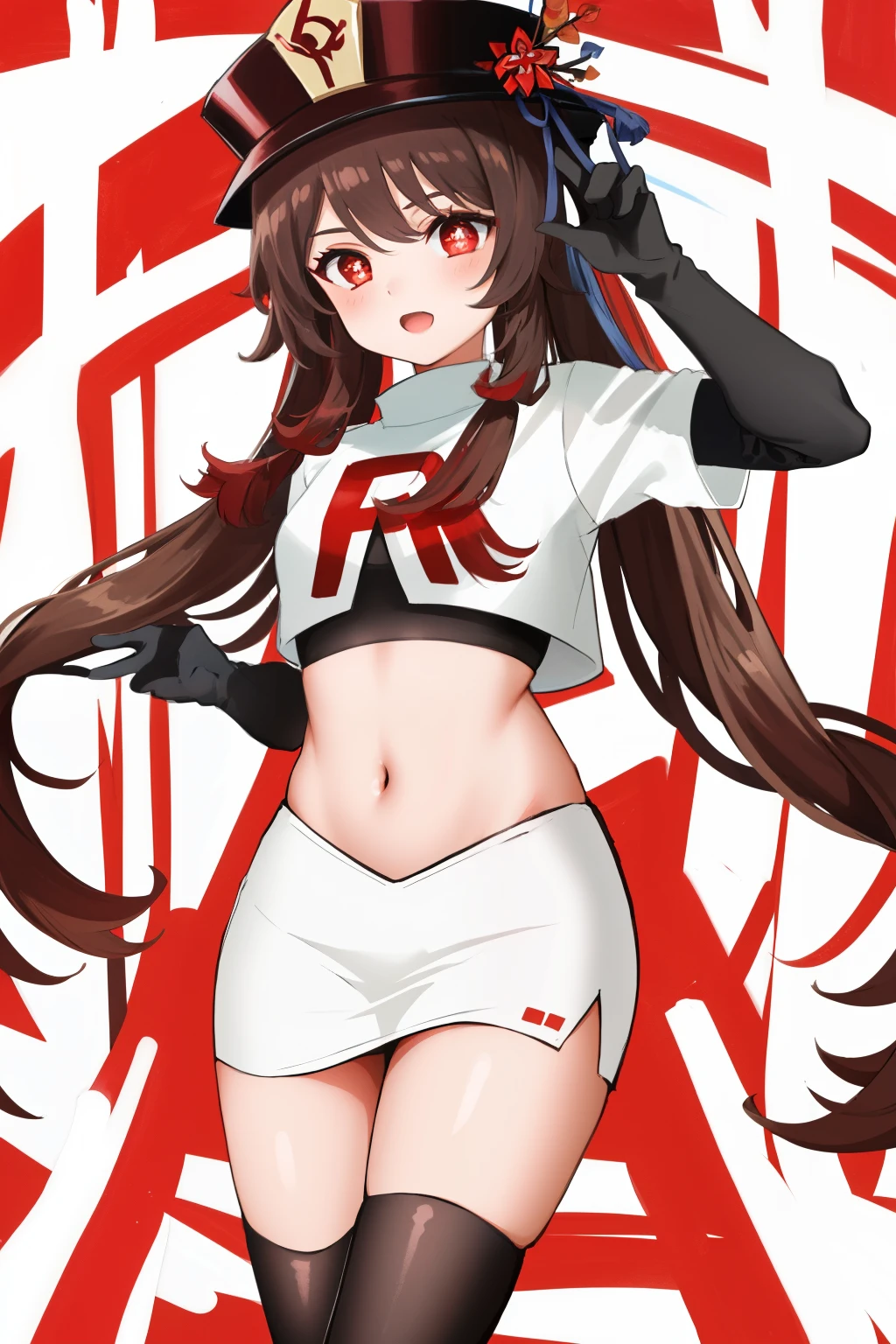 masterpiece, best quality,
1girl, hu tao (genshin impact), boo tao,hat, red eyes, twintails, brown hair, solo, symbol-shaped pupils, long hair,bangs, team rocket,team rocket uniform, red letter R, white skirt,white crop top,black thigh-highs,black elbow gloves