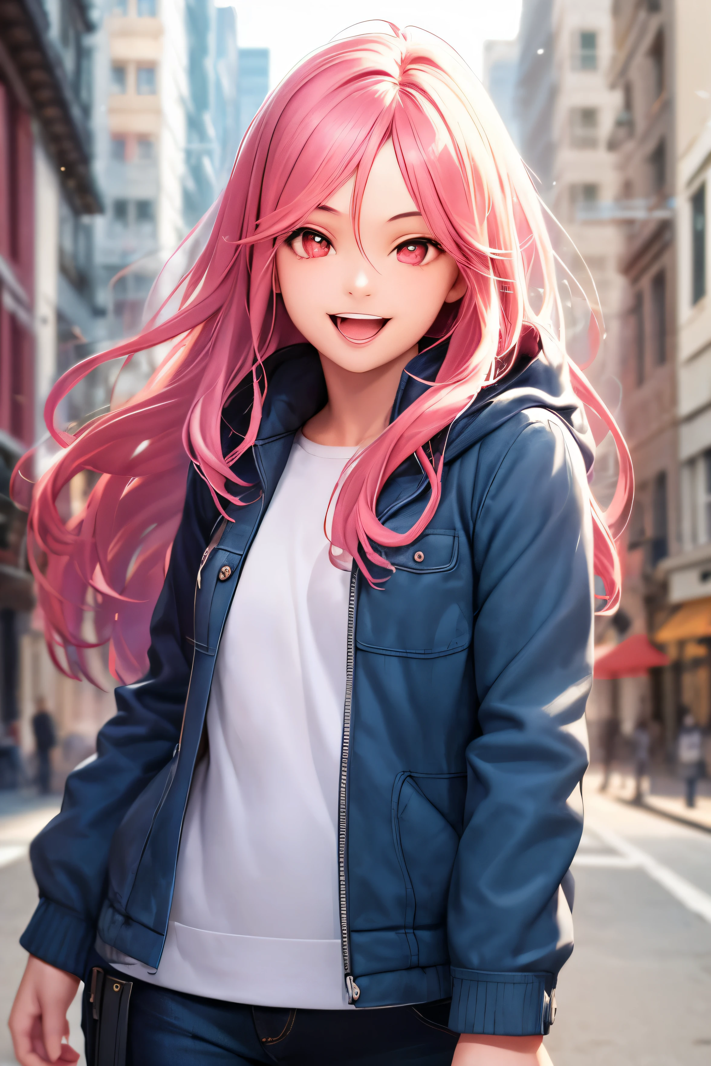 1girl, ((best quality)), ((masterpiece)), ((realistic)), (detailed), (perfect face), beautiful women, nevy blue jaket, pure happy, smile, open mouth, pink hair, long hair, hair between eyes, red eyes, attractive, building background