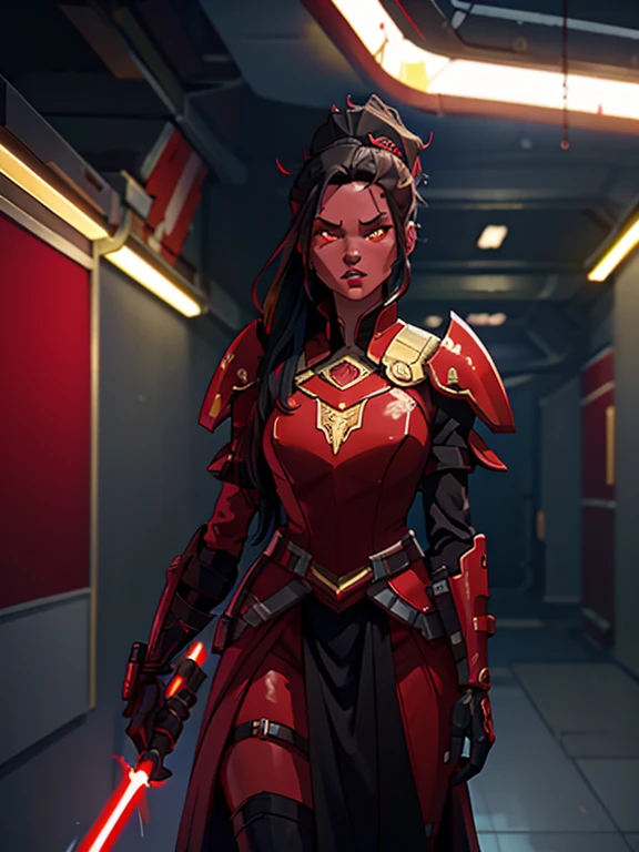 1woman, red skin, black long hair, ponytail, golden glowing eyes, red lightsaber, armor over dark robes, Ray tracing, masutepiece, Best Quality, ultra-quality, absurd details, best light, Best Shadow, sharp, Sharp Image, Detailed, Extremely detailed, great resolution, 8K, 4K, nffsw, particles effect, beautiful effects, Vivid colors, red Neon light, red neons, light,