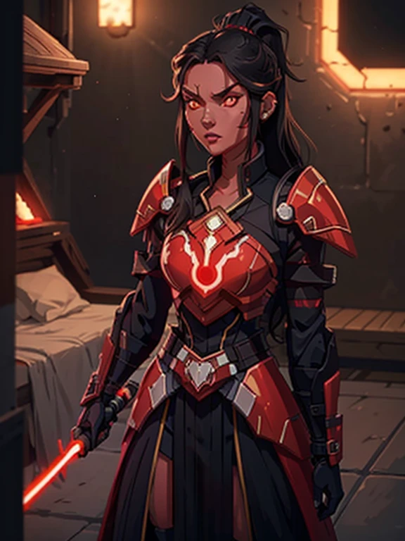 1woman, red skin, black long hair, ponytail, golden glowing eyes, red lightsaber, armor over dark robes, Ray tracing, masutepiece, Best Quality, ultra-quality, absurd details, best light, Best Shadow, sharp, Sharp Image, Detailed, Extremely detailed, great resolution, 8K, 4K, nffsw, particles effect, beautiful effects, Vivid colors, red Neon light, red neons, light,