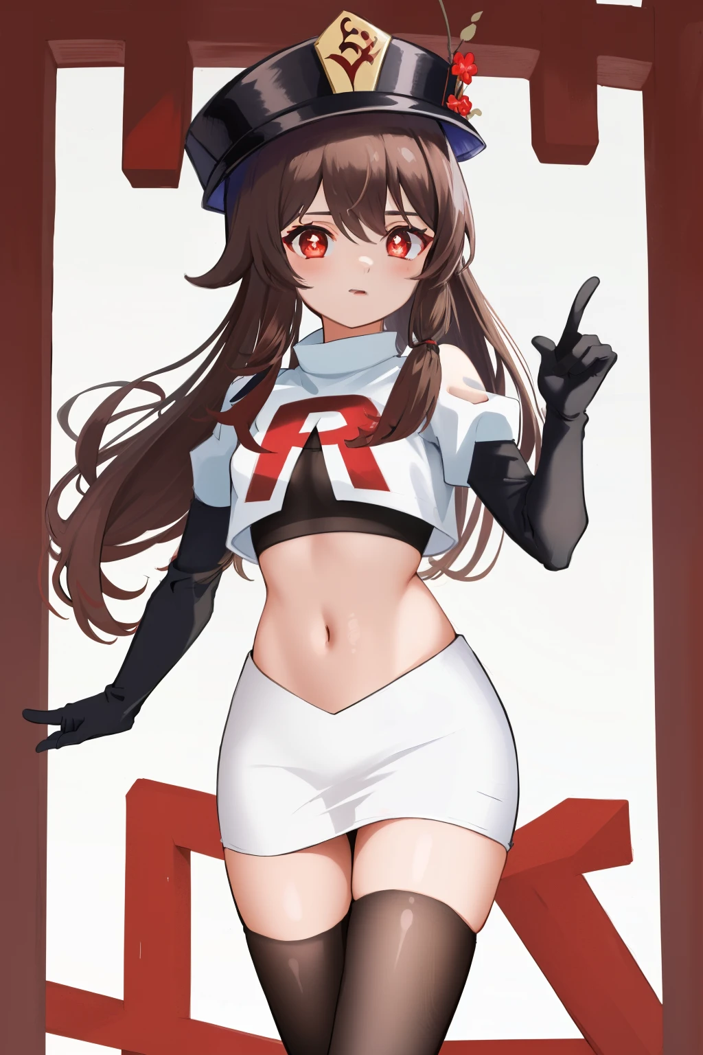 masterpiece, best quality,
1girl, hu tao (genshin impact), boo tao,hat, red eyes, twintails, brown hair, solo, symbol-shaped pupils, long hair,bangs, team rocket,team rocket uniform, red letter R, white skirt,white crop top,black thigh-highs,black elbow gloves