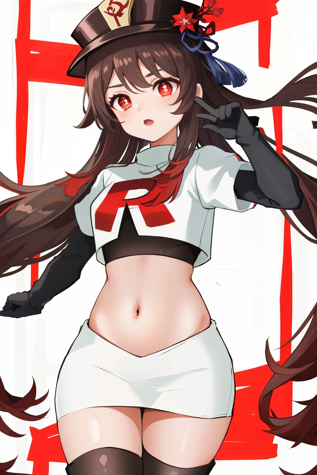 masterpiece, best quality,
1girl, hu tao (genshin impact), boo tao,hat, red eyes, twintails, brown hair, solo, symbol-shaped pupils, long hair,bangs, team rocket,team rocket uniform, red letter R, white skirt,white crop top,black thigh-highs,black elbow gloves