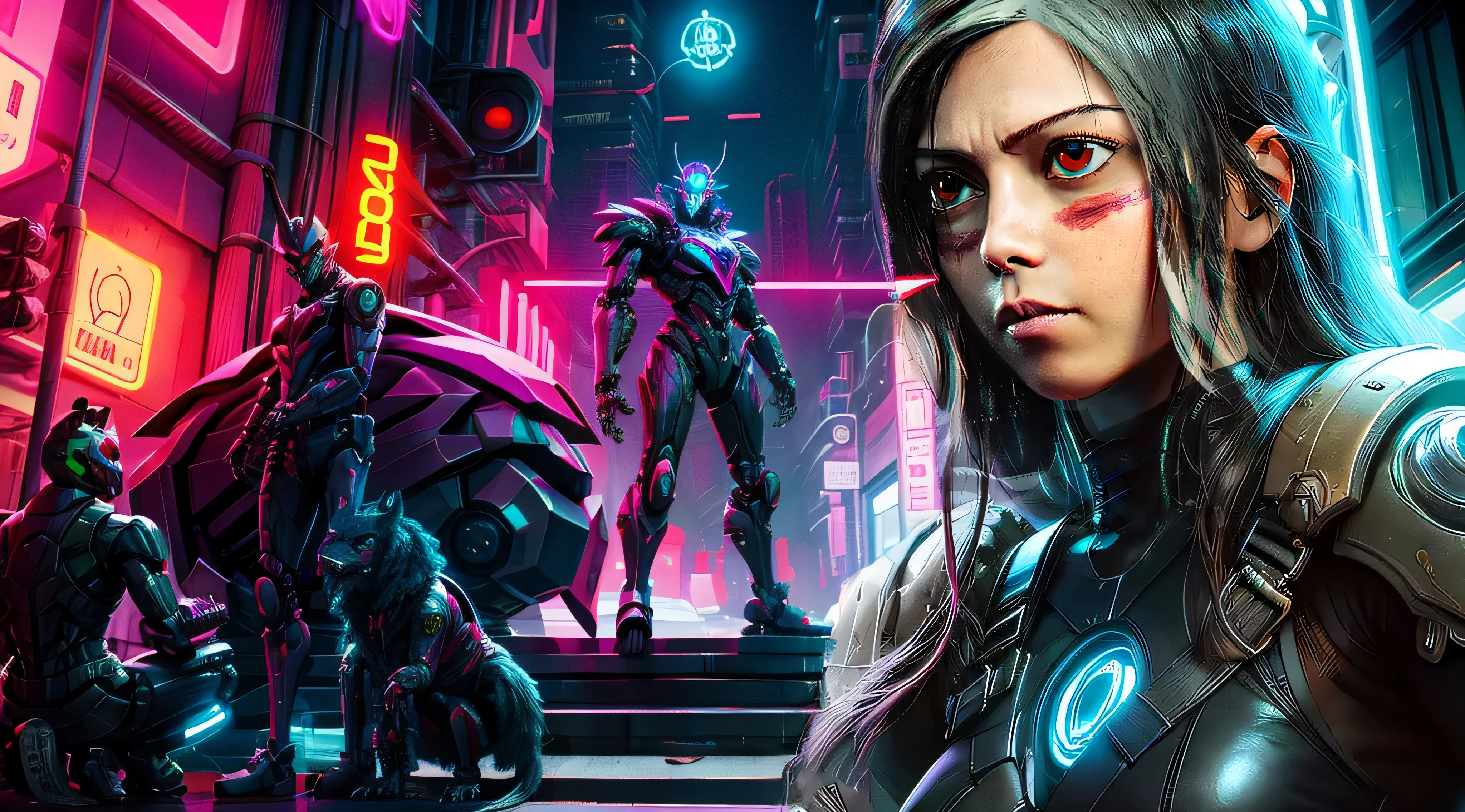 villain, neon, robot, monster