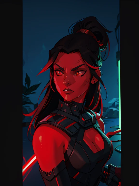 1woman, red skin, black long hair, ponytail, golden glowing eyes, red lightsaber, armor over dark robes, Ray tracing, masutepiece, Best Quality, ultra-quality, absurd details, best light, Best Shadow, sharp, Sharp Image, Detailed, Extremely detailed, great resolution, 8K, 4K, nffsw, particles effect, beautiful effects, Vivid colors, red Neon light, red neons, light,