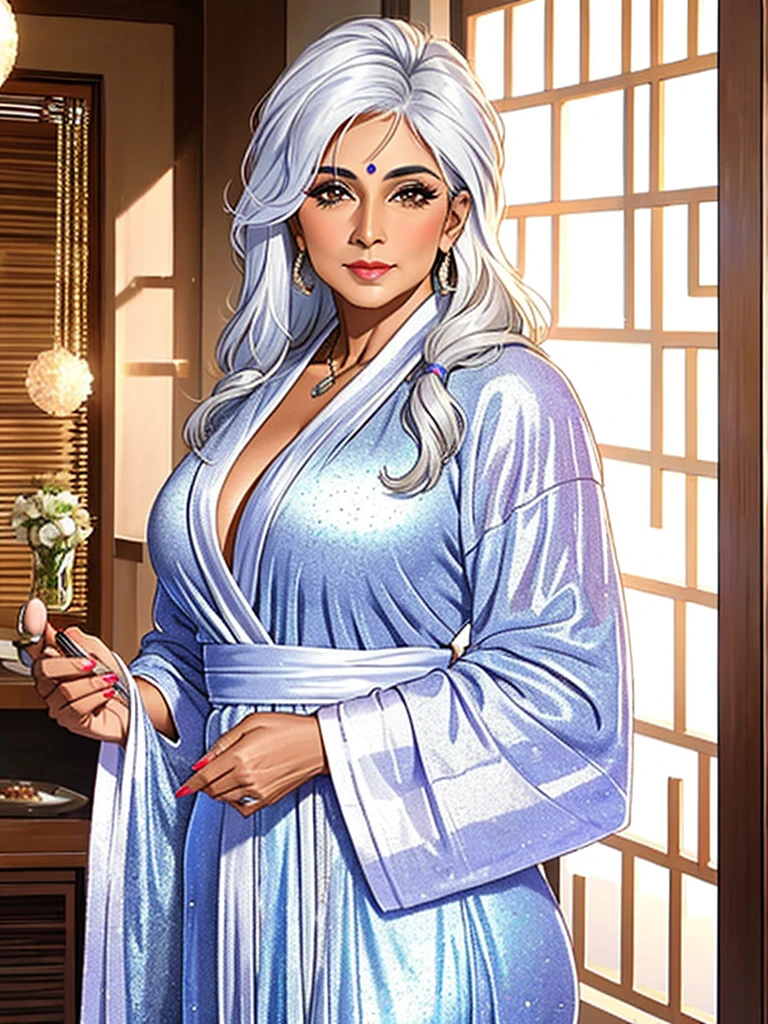50-year-old woman, indian, ifbb, mature allure, (wearing only a shimmering robe), white hair, thick lips
