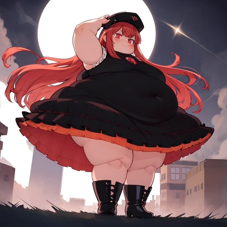 ((beste-Qualit, tmasterpiece)), a obese 1girl, red long hair with an orange tint, dark red eyes, pupils in the form of diamonds, Black otic dress with a long train, hat on his head, high boots with heels, very cute 