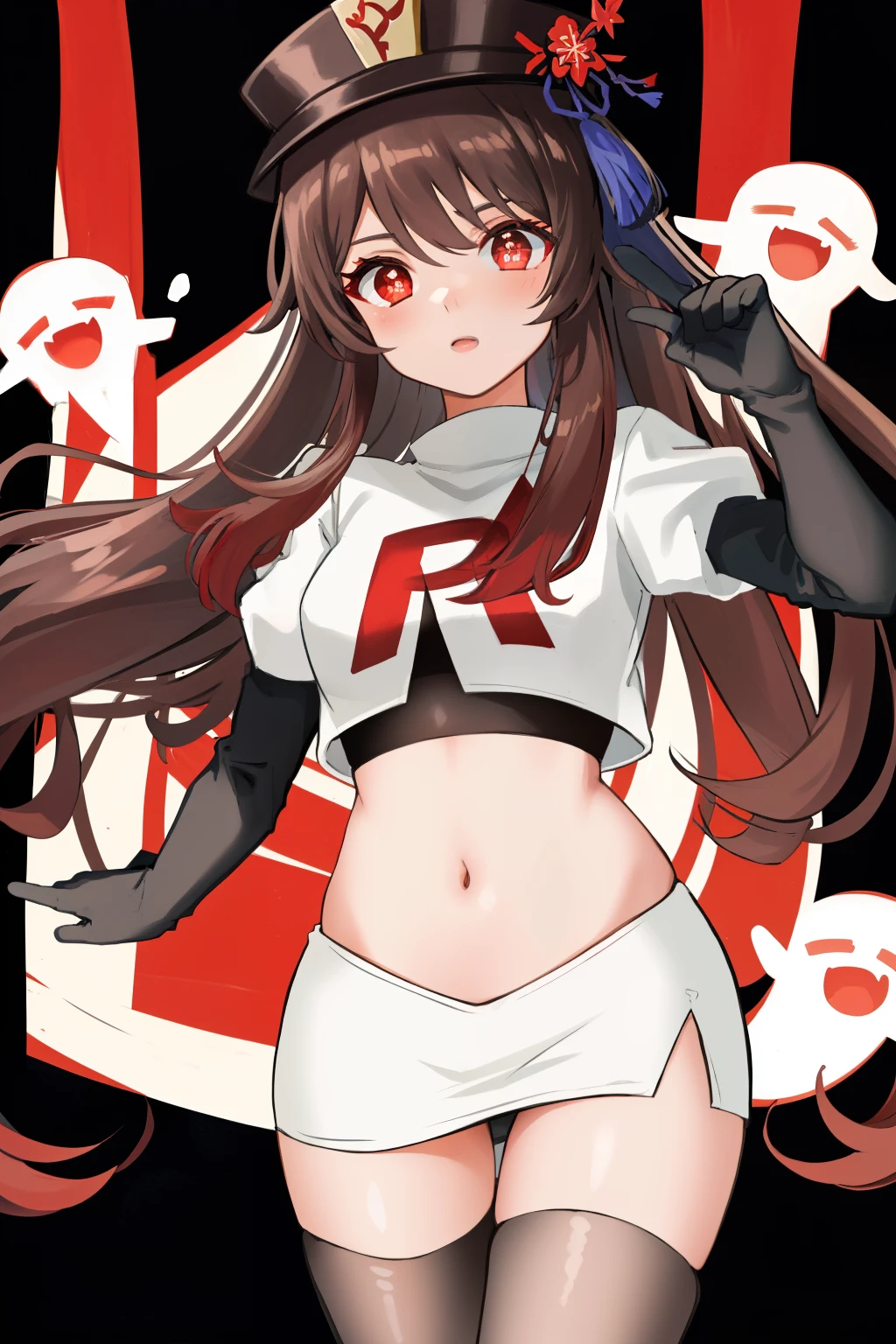 masterpiece, best quality,
1girl, hu tao (genshin impact), boo tao,hat, red eyes, twintails, brown hair, solo, symbol-shaped pupils, long hair,bangs, team rocket,team rocket uniform, red letter R, white skirt,white crop top,black thigh-highs,black elbow gloves