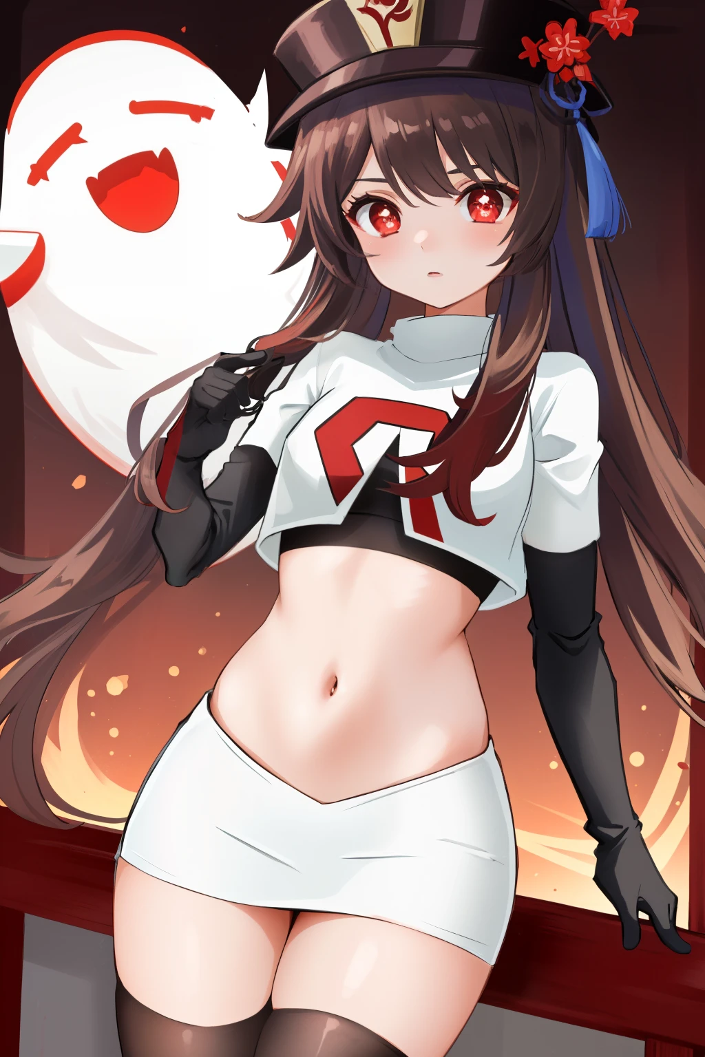 masterpiece, best quality,
1girl, hu tao (genshin impact), boo tao,hat, red eyes, twintails, brown hair, solo, symbol-shaped pupils, long hair,bangs, team rocket,team rocket uniform, red letter R, white skirt,white crop top,black thigh-highs,black elbow gloves