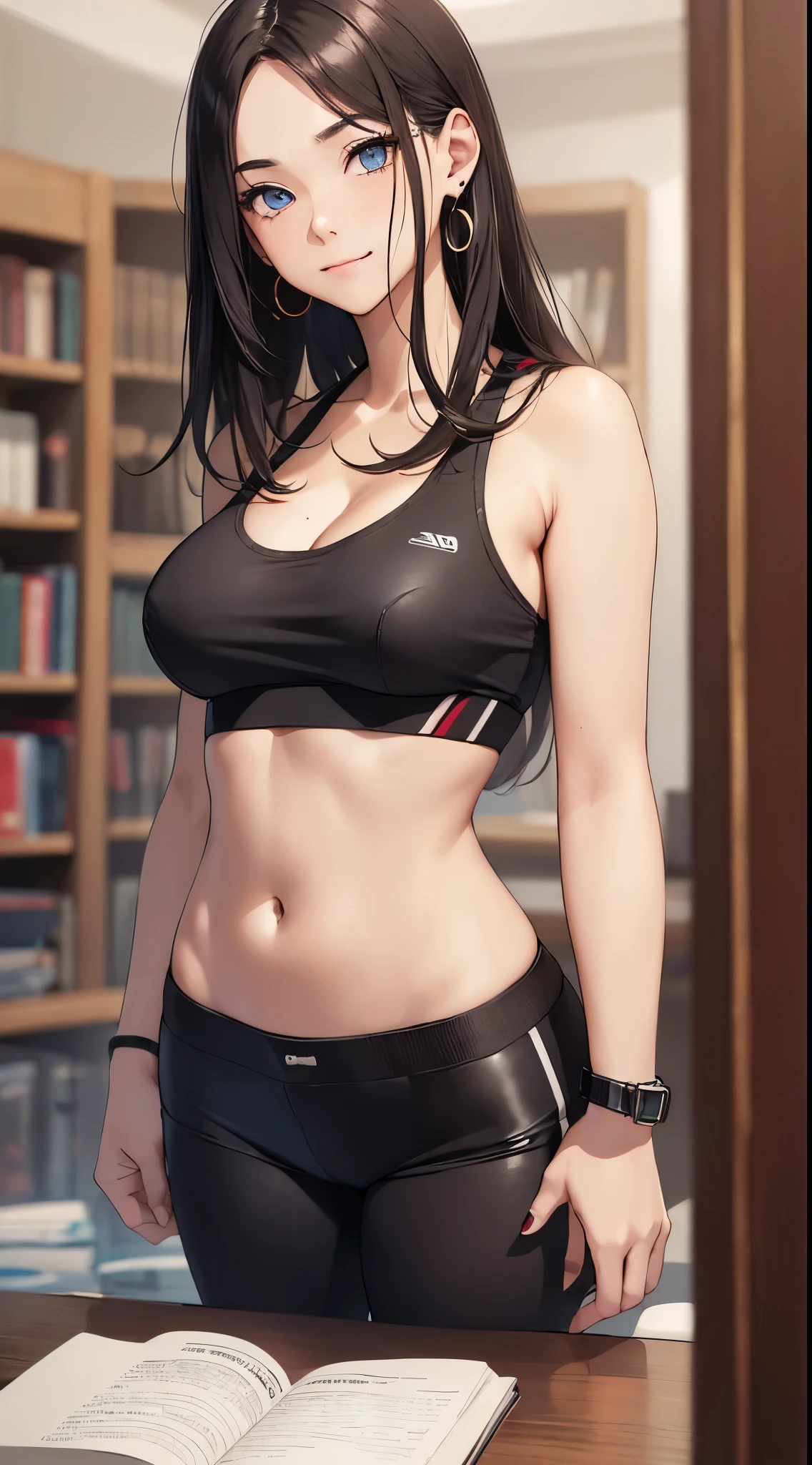 top quality、Top image quality、Masterpiece、girl with((18 years old、Black sports bra、black shorts、black pants、best bust、Bust 85、one blonde、messy long hair、blue eyes、open your mind、valley、happiness、Black wristband on the wrist、A slender one、earrings、The wind is blowing,Convert your audience、Frustrated look、Smile))high quality、Camera film style、background with((The room is nice and clean.、floor))、depth(table、DVR、bookcase)on the table、Cool style、Well-designed