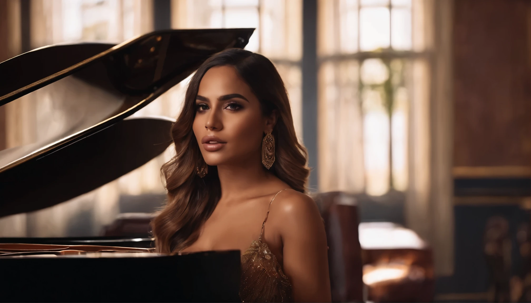 Foto hiper-realista e detalhada de Anitta tocando piano, corpo inteiro, em cima de uma laje e sorrindo, olhar sensual, NSFW
