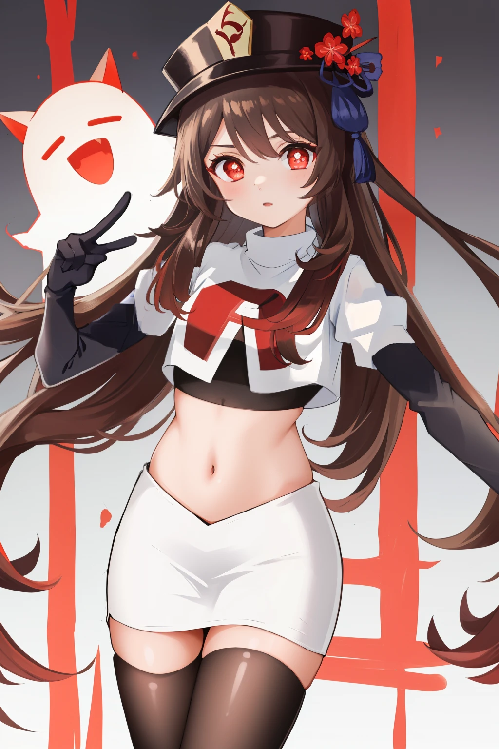 masterpiece, best quality,
1girl, hu tao (genshin impact), boo tao,hat, red eyes, twintails, brown hair, solo, symbol-shaped pupils, long hair,bangs, team rocket,team rocket uniform, red letter R, white skirt,white crop top,black thigh-highs,black elbow gloves