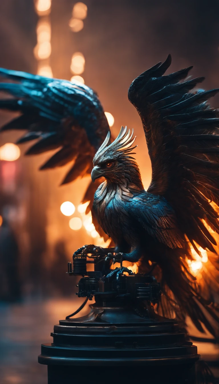 (High quality,Masterpiece:1.2),Mechanical,Fire Phoenix,cyber punk perssonage,detailed feathered,metal wings,Glowing eyes,Futuristic city landscape,Steam powered,Fire and smoke,Neon lights,Machinery,industry,urban,during night,Depth of field,Vibrant colors,shadows and highlights