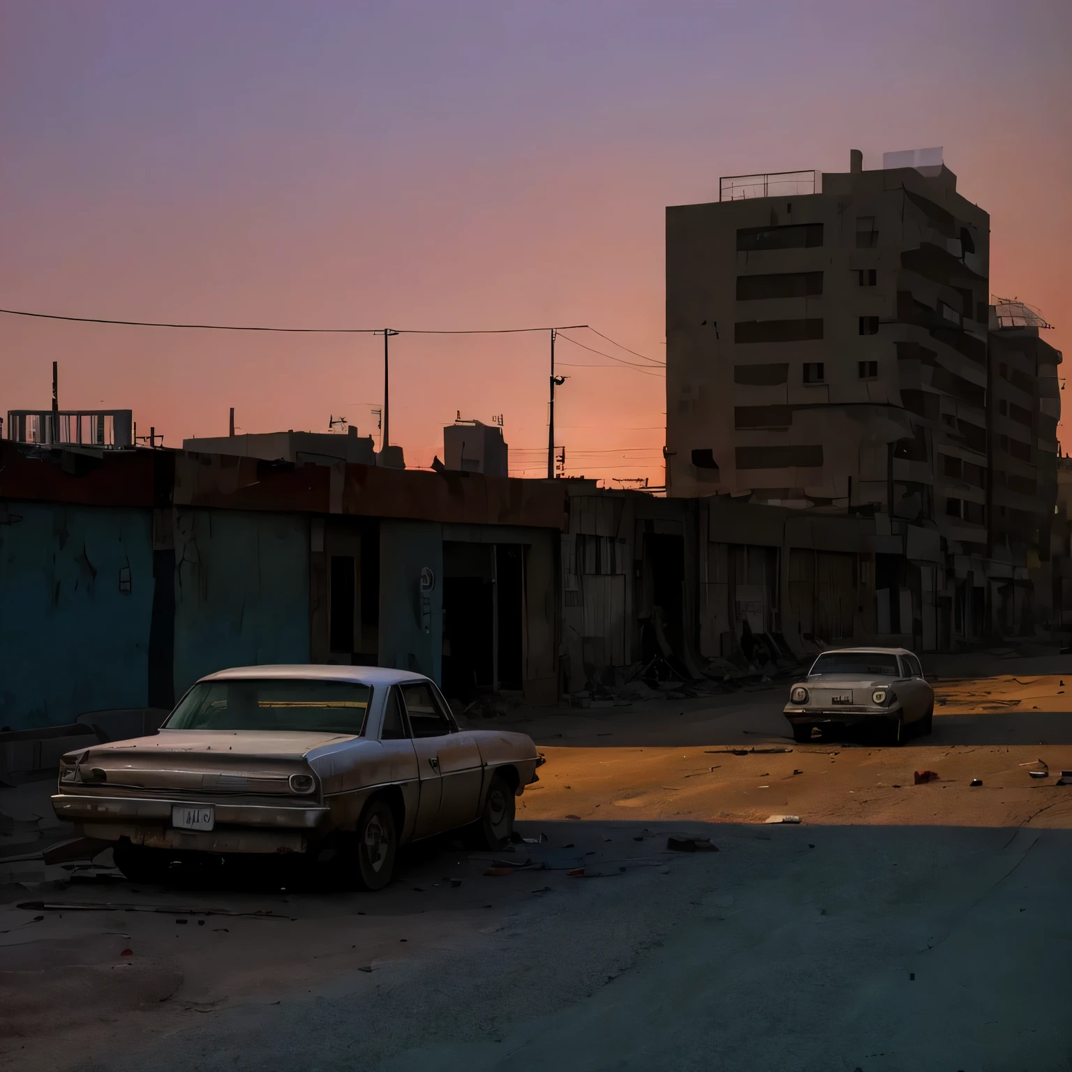 tank on a city street, sunny day, dusty, with abandoned cars and traces of destruction, and the red sky creates an atmosphere of chaos and despair..