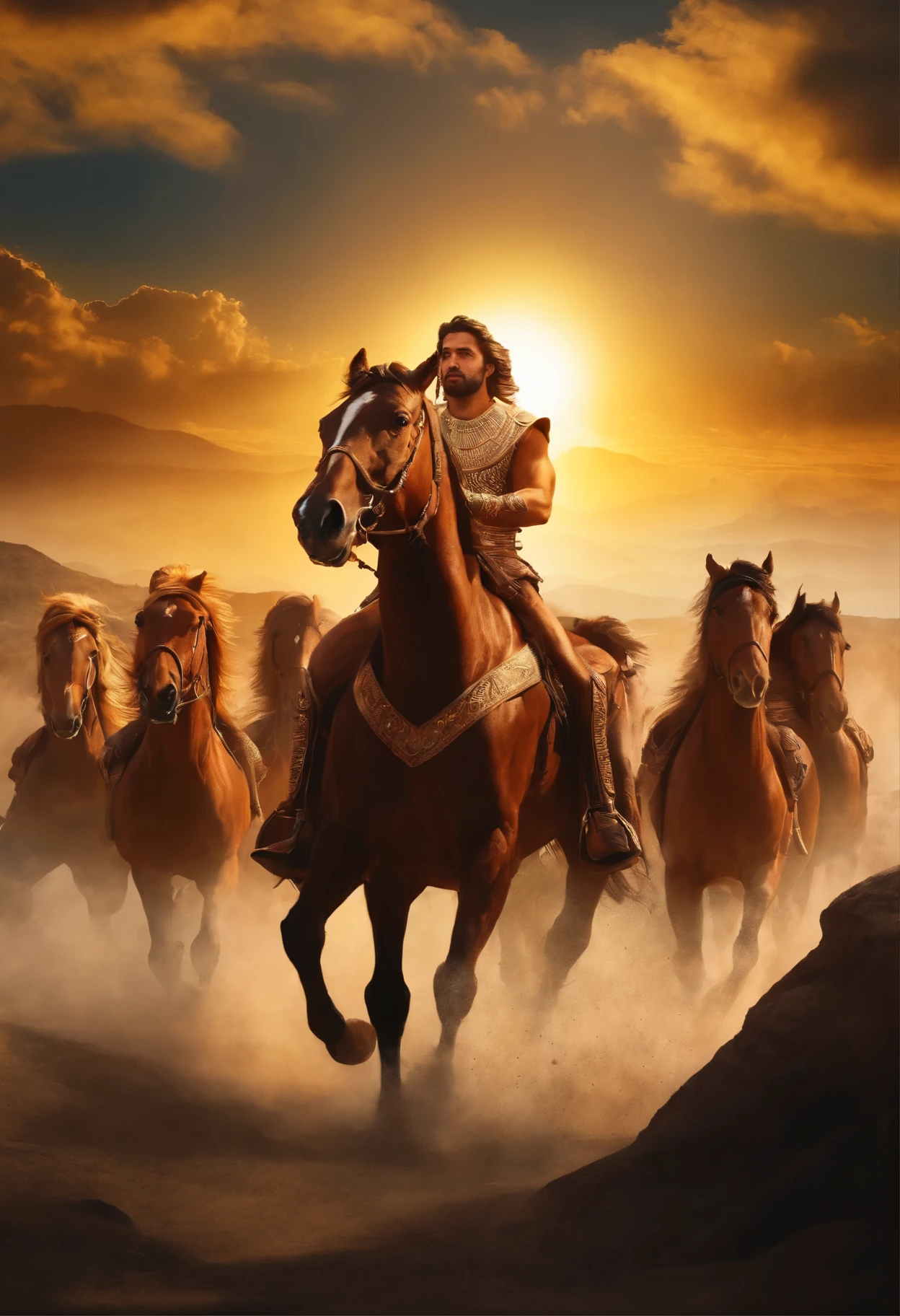 God of Sun riding with seven horses, masterpiece, epic, 8k