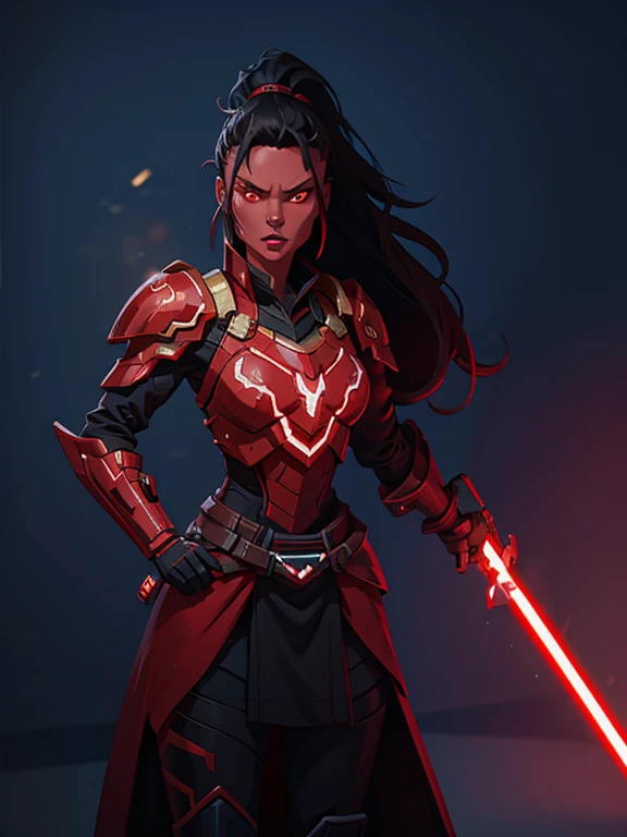 1woman, red skin, black long hair, ponytail, golden glowing eyes, slim fit body, red lightsaber, armor over dark robes, Ray tracing, masutepiece, Best Quality, ultra-quality, absurd details, best light, Best Shadow, sharp, Sharp Image, Detailed, Extremely detailed, great resolution, 8K, 4K, nffsw, particles effect, beautiful effects, Vivid colors, red Neon light, red neons, light,