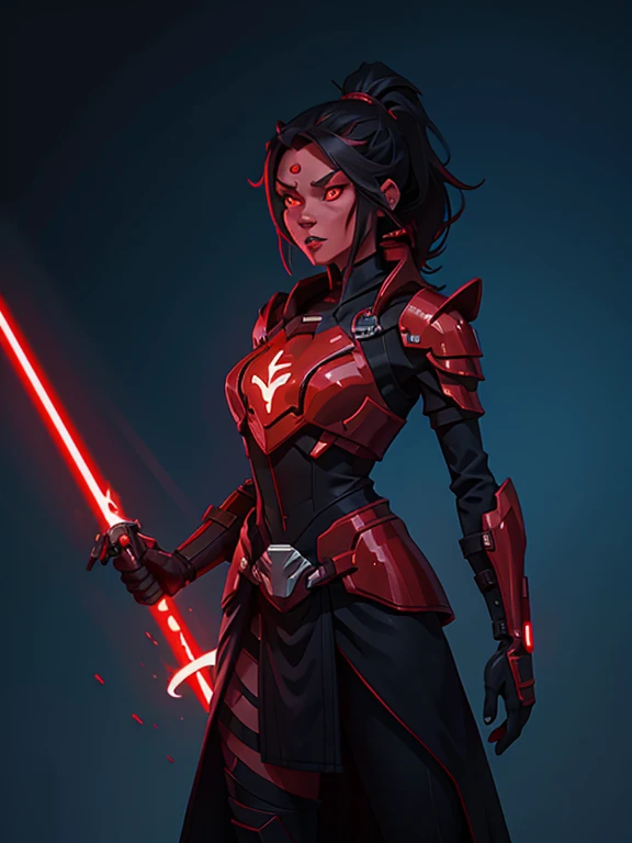 1woman, red skin, black long hair, ponytail, golden glowing eyes, slim fit body, red lightsaber, armor over dark robes, Ray tracing, masutepiece, Best Quality, ultra-quality, absurd details, best light, Best Shadow, sharp, Sharp Image, Detailed, Extremely detailed, great resolution, 8K, 4K, nffsw, particles effect, beautiful effects, Vivid colors, red Neon light, red neons, light,