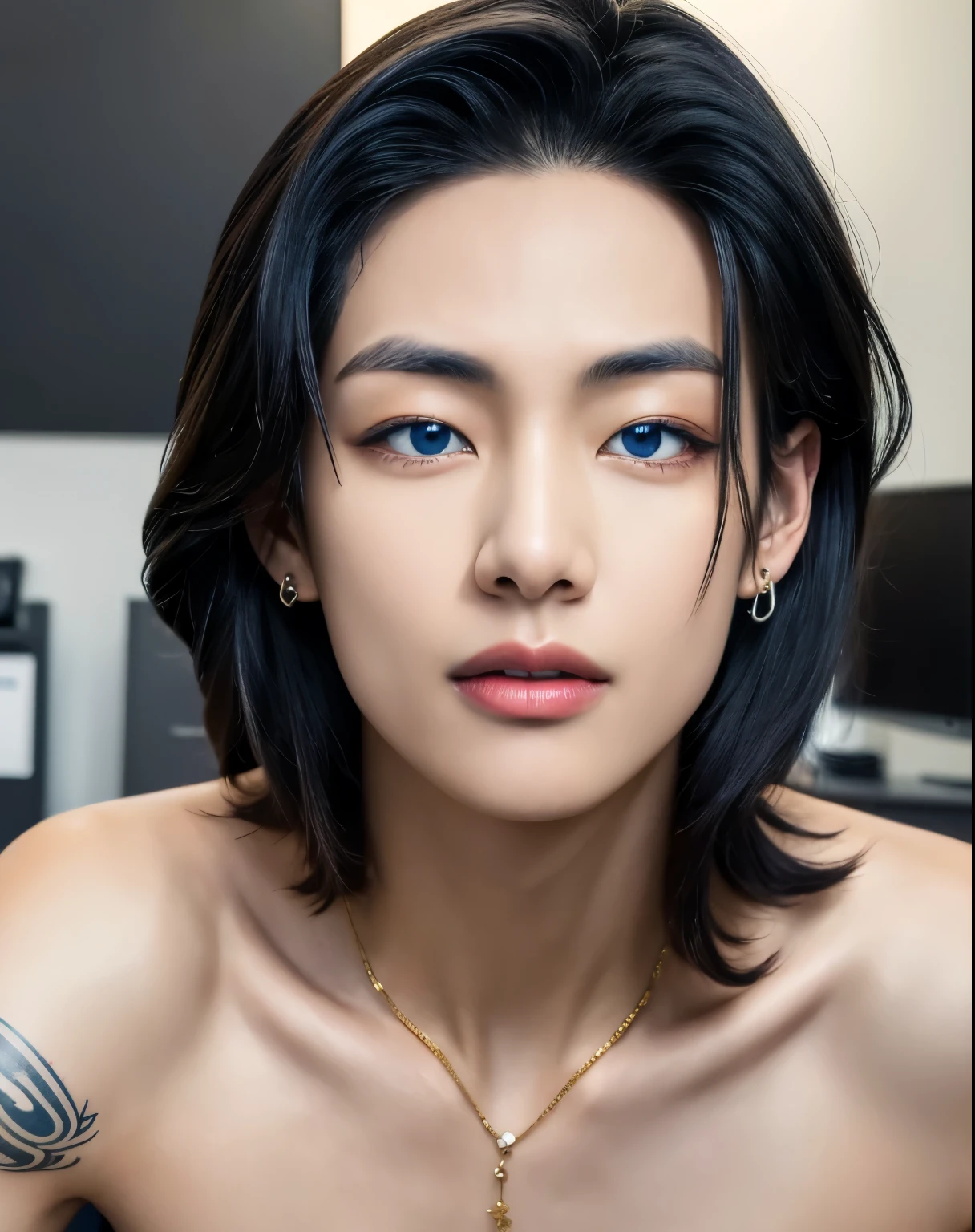 Make strong strokes, blue eyes and reinforce your Asian nationality, despite European ancestry. The wires are thin, his hair is black. Your eyes are piercing and your lips are full, perfeitamente avermelhados. Keep some original features of the image and add piercings and tattoos, your lips pierced, tatuagens pelo corpo, androgen face, taehyung, tae hyung, bts, taetae, teteco kim, hyung tae