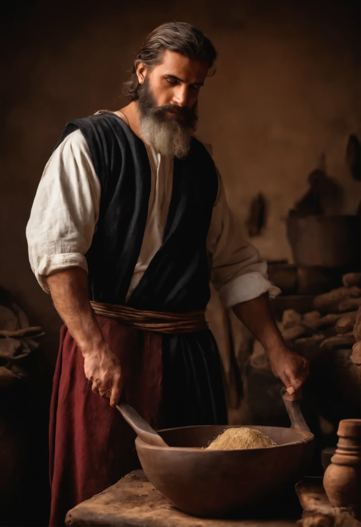 "God of the blacksmith and craftsman, Com cabelos castanhos e barba castanha, ferreiro, Parece orgulhoso e confiante, wears a Greek tunic, Segura um martelo, mestre de fornalha e fogo, Sorrindo com um rosto vermelho", (((bigorna))), Tweezers, forno, Fole, forja, chama, oficina, mitologia grega, super alta qualidade, Super accurate description of the hands, HDR, fotorrealista, super detalhe, obra de arte, 8k