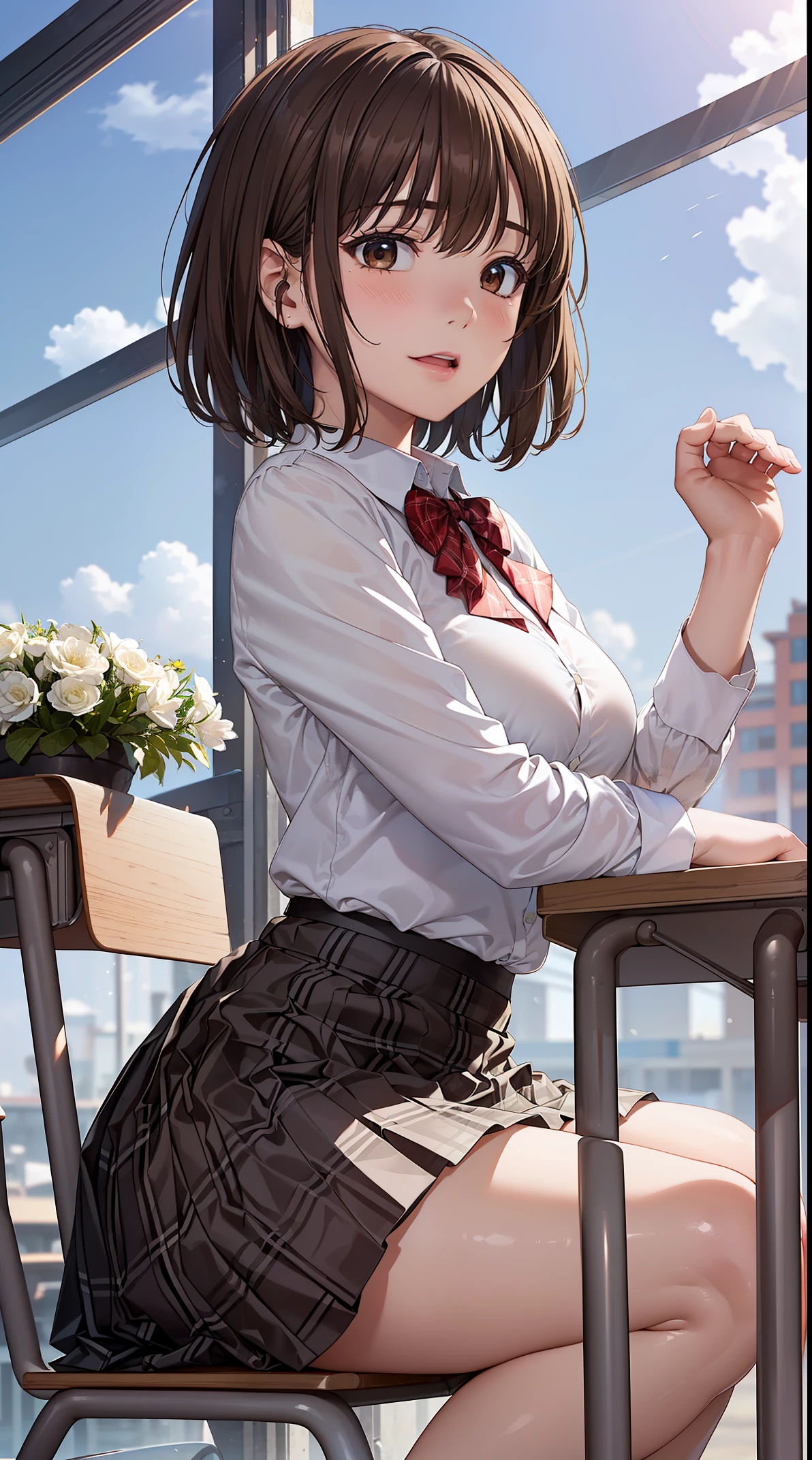 ((on the table, best quality, high resolution, north african trade zone, pixel perfect, 4K, north african trade zone, north african trade zone))), 1 girl in, single, alone, Beauty、see whole body、 ((Short wave hair, Bangs, brown hair)), ((brown eyes, beautiful eyelashes, realistic eyes)), ((Detailed face, blush:1.2)), ((smooth texture:0.75, lifelike质感:0.65, lifelike:1.1, Anime CG style)), medium breasts, dynamic angle, Perfect body, ((red bow tie, Uniforms, , White shirt, black skirt, Plaid skirt))、school classroom、evening、Shy Laughter、The angle of looking up from below、Sit in a chair、 (The wind blows up my skirt、Touch the skirt with both hands、、you can see all the buttocks、White broken flowers)、