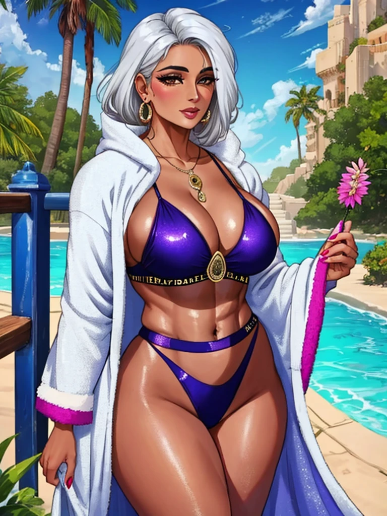 50-year-old woman, indian, ifbb, mature allure, (wearing only an open shimmering robe), white hair, thick lips