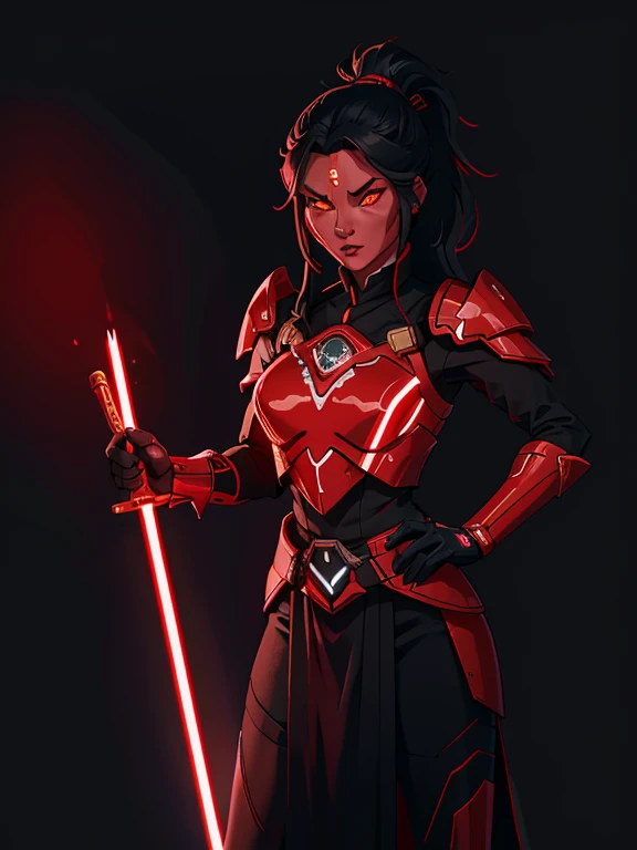 1woman, red skin, black long hair, ponytail, golden glowing eyes, slim fit body, red lightsaber, armor over dark robes, Ray tracing, masutepiece, Best Quality, ultra-quality, absurd details, best light, Best Shadow, sharp, Sharp Image, Detailed, Extremely detailed, great resolution, 8K, 4K, nffsw, particles effect, beautiful effects, Vivid colors, red Neon light, red neons, light,