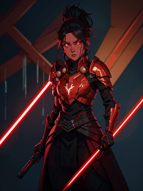 1woman, red skin, black long hair, ponytail, golden glowing eyes, slim fit body, red lightsaber, armor over dark robes, Ray tracing, masutepiece, Best Quality, ultra-quality, absurd details, best light, Best Shadow, sharp, Sharp Image, Detailed, Extremely detailed, great resolution, 8K, 4K, nffsw, particles effect, beautiful effects, Vivid colors, red Neon light, red neons, light,