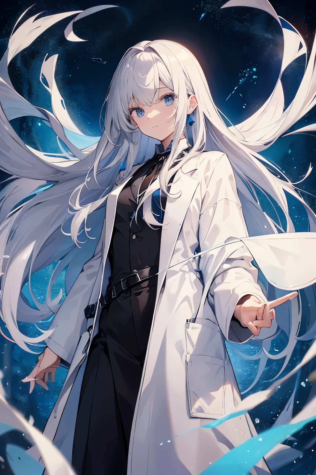 Highest quality,perfect quality,1.65 meters,Long hair shawl,Wearing a chemical white robe,Black lining,Blue-black eyes,lab dr,long black hair,Identity badge,Holding laboratory tablet in hand