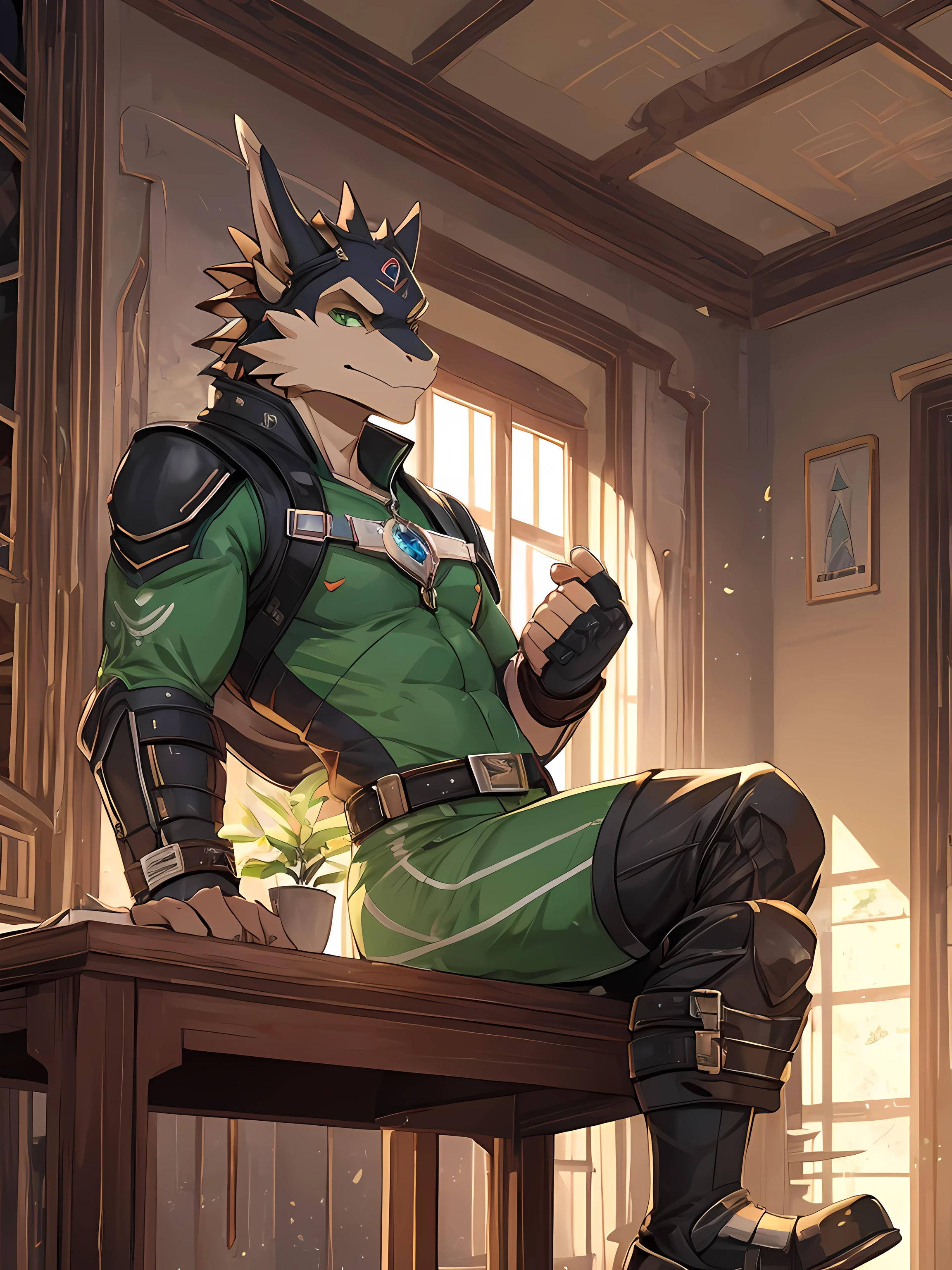 furry,alone,dragon,Pink skin,Emerald green eyes,Realistic horoscope details,Wear a mosquito repellent suit..,Sitting by the window in the office.,Look out the window..,The sun shines in through the window..,Empty eyes