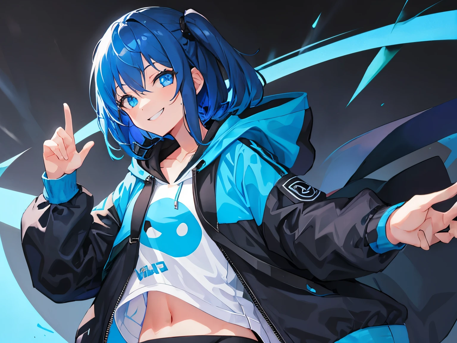 (best quality), (high detailed), (perfect body), (perfect face), one girl, Asian, smile, blue color hair, long hair, ponytail, blue eyes, small breasts, blue long-sleeve hoodie, black belt, white scarf, black shorts, white socks, blue trainers, smoke around the body, explosion background, no cloth strip on background, pistols, dynamic pose