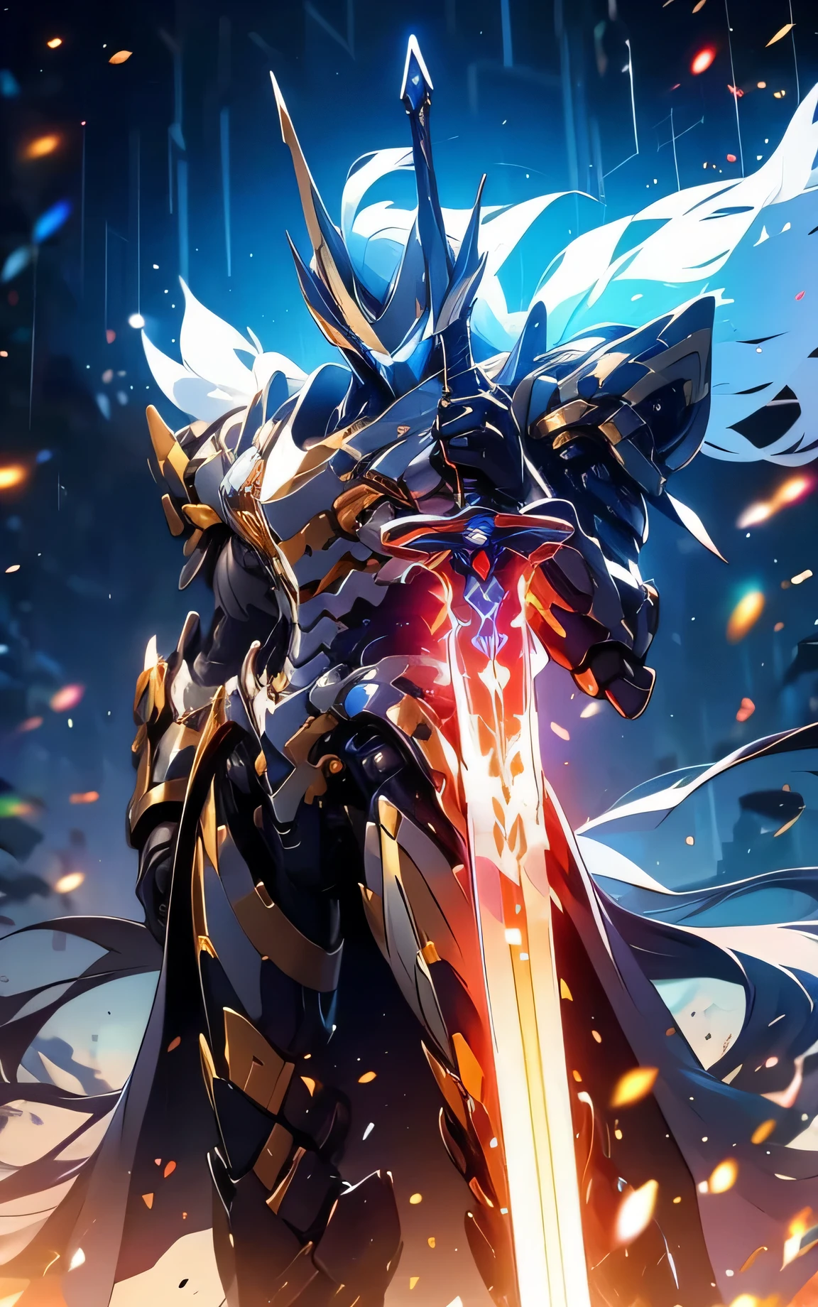 ultra wide shot, full body shot, (masterpiece) ， the best quality， High Quality， （futurism：1.1）， （A paladin holding a light infused sword, light magic, divine, magewave, silver and gold）， movie lights， （Exquisite future）， Beautiful and beautiful， Ultra detailed， Great composition， floating， Depth of field， （Very detailed CG，Unity 8k壁纸）， （Beautiful detail background）， Beautiful hair details， dramatic lights， GOGETTA， mecha，Bestquality，ultrahighres，photorealistic